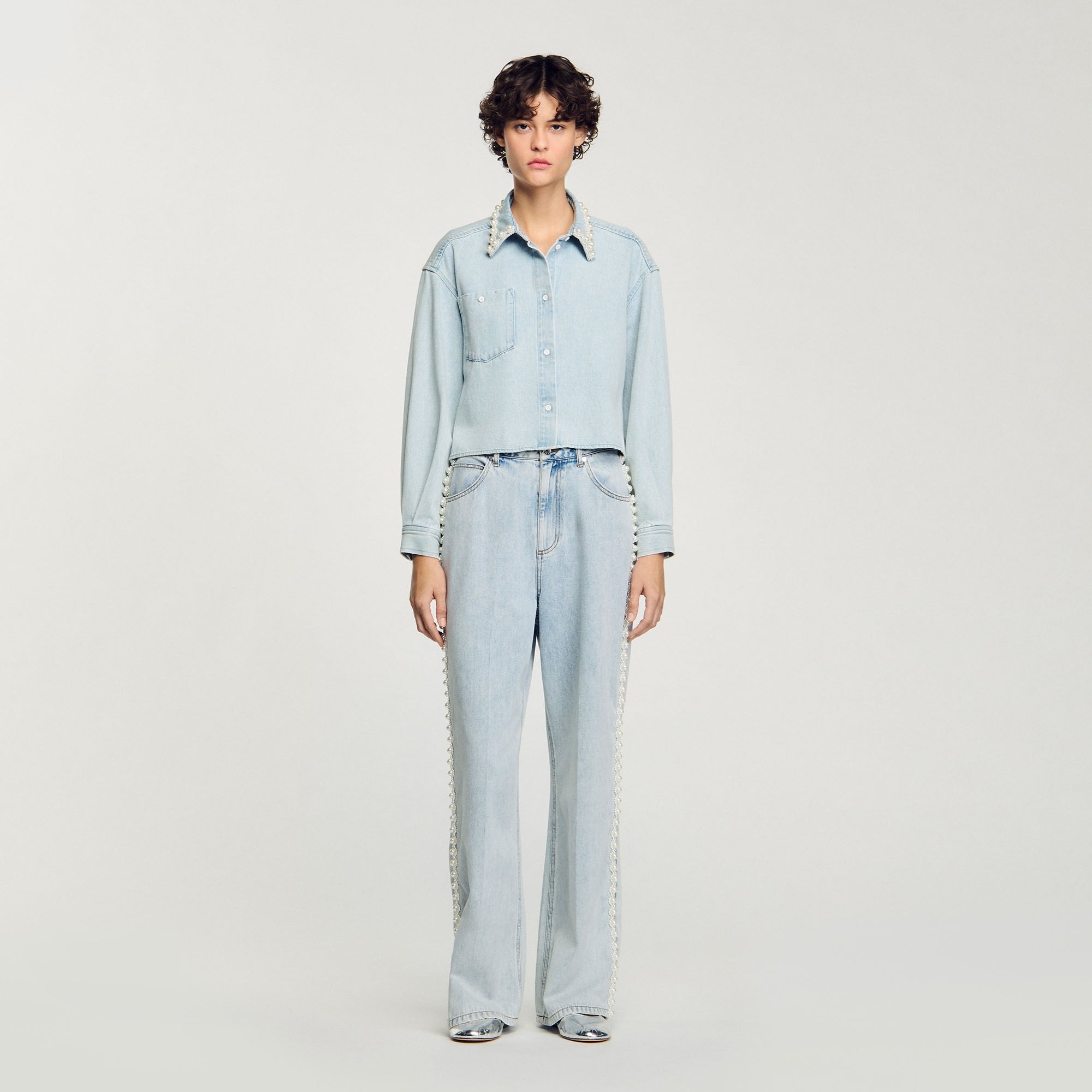 Sandro / Denim shirt with beaded collar Light Bu Jean