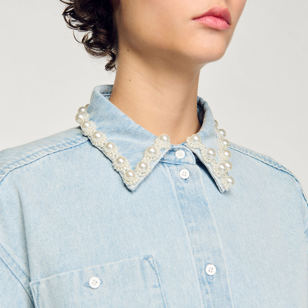 Sandro / Denim shirt with beaded collar Light Bu Jean