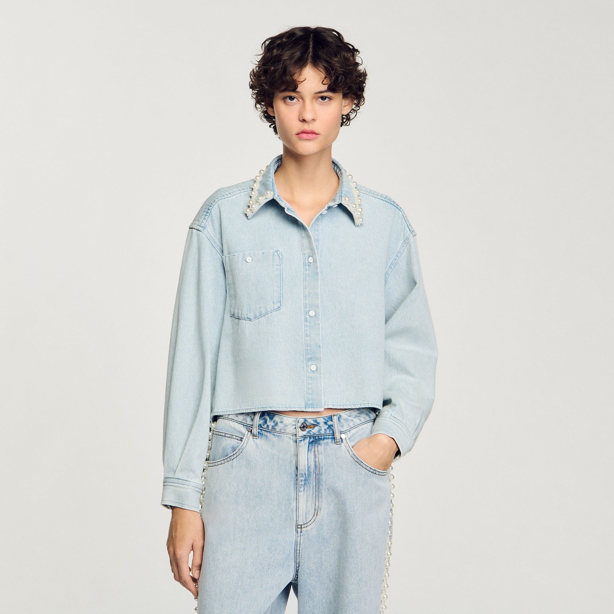 Sandro / Denim shirt with beaded collar Light Bu Jean
