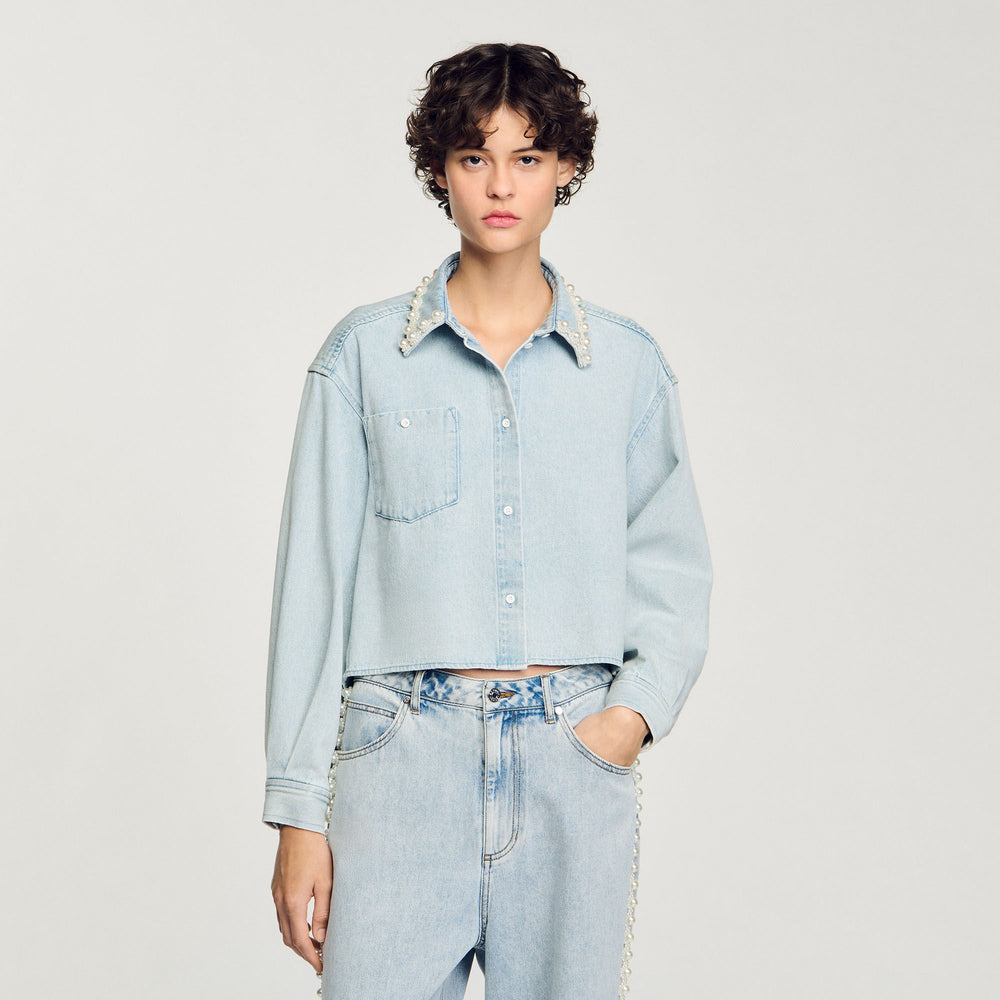 Sandro / Denim shirt with beaded collar Light Bu Jean