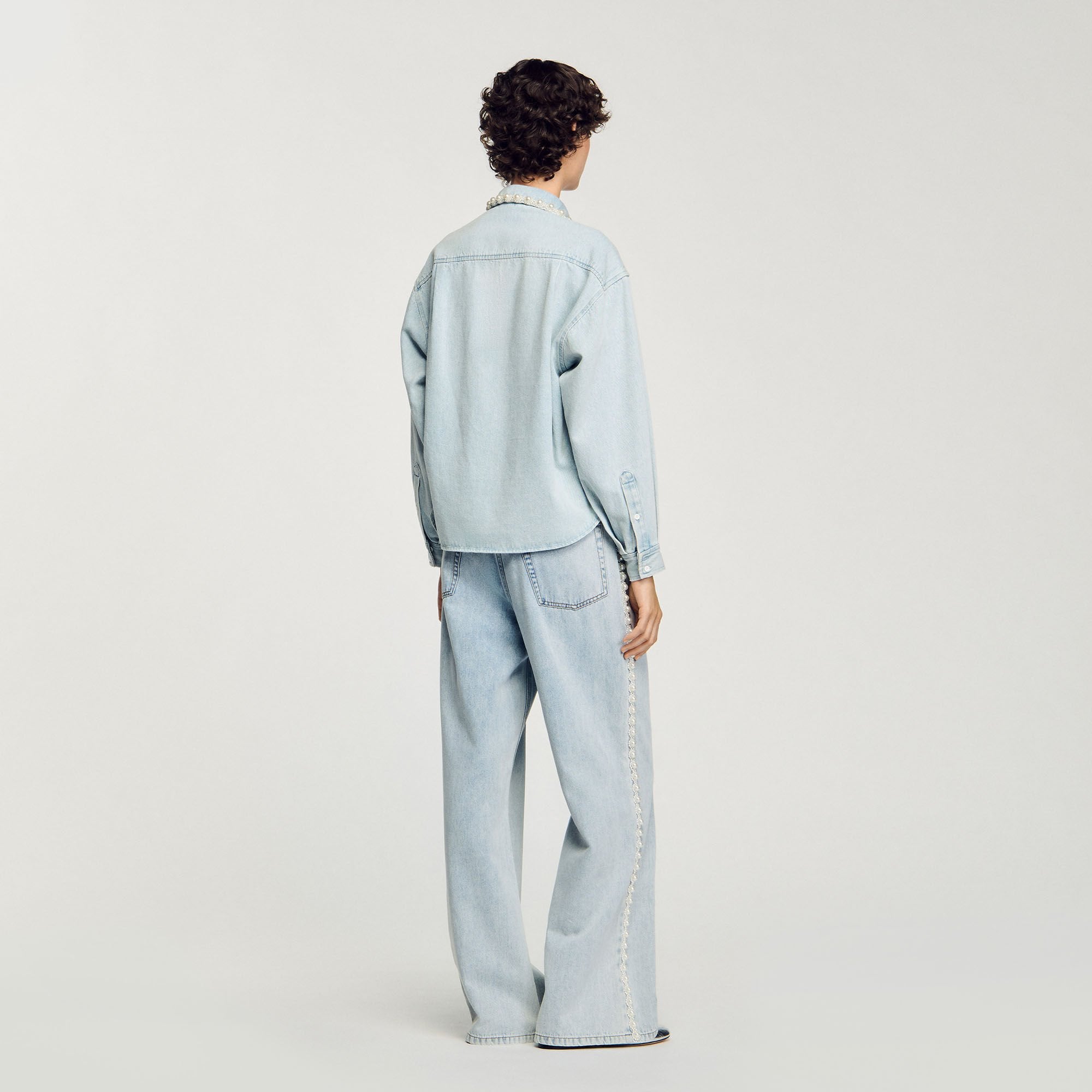 Sandro / Denim shirt with beaded collar Light Bu Jean