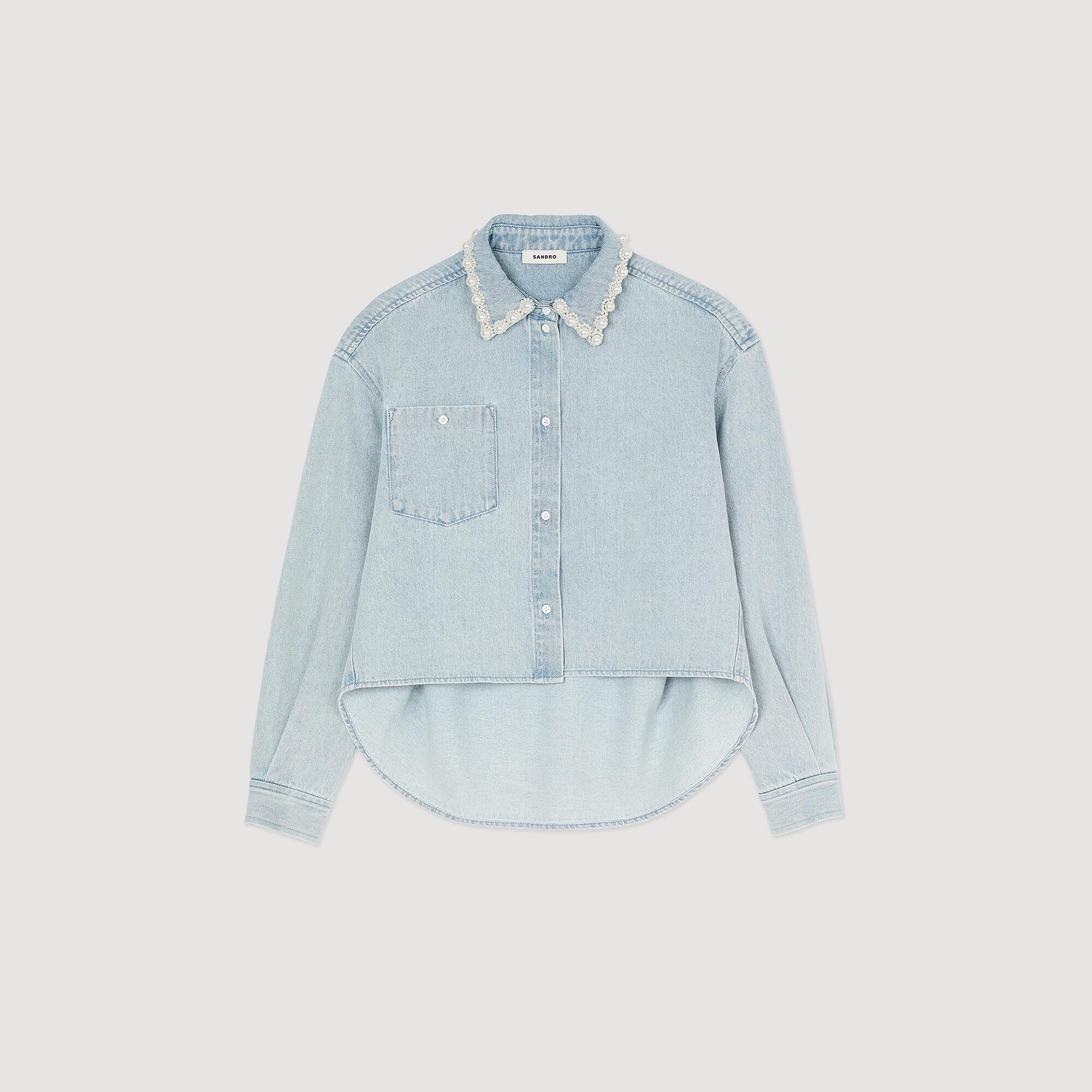 Sandro / Denim shirt with beaded collar Light Bu Jean