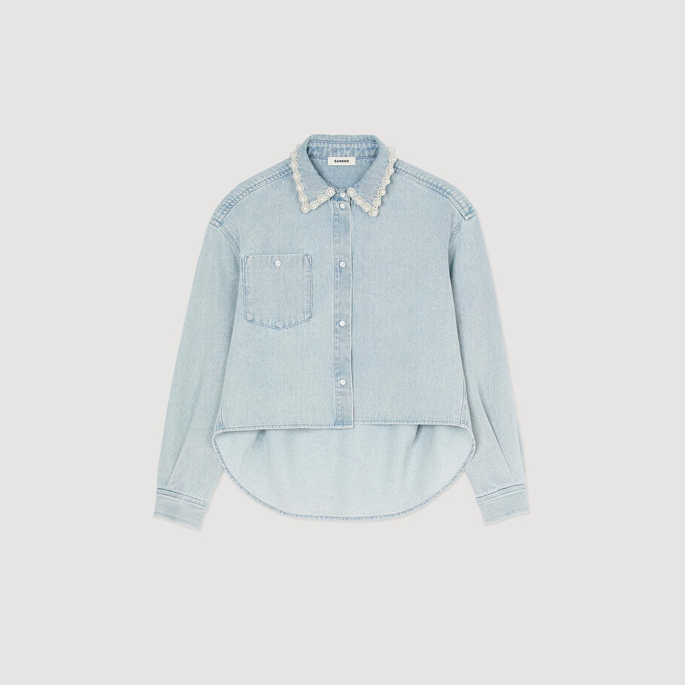 Sandro / Denim shirt with beaded collar Light Bu Jean