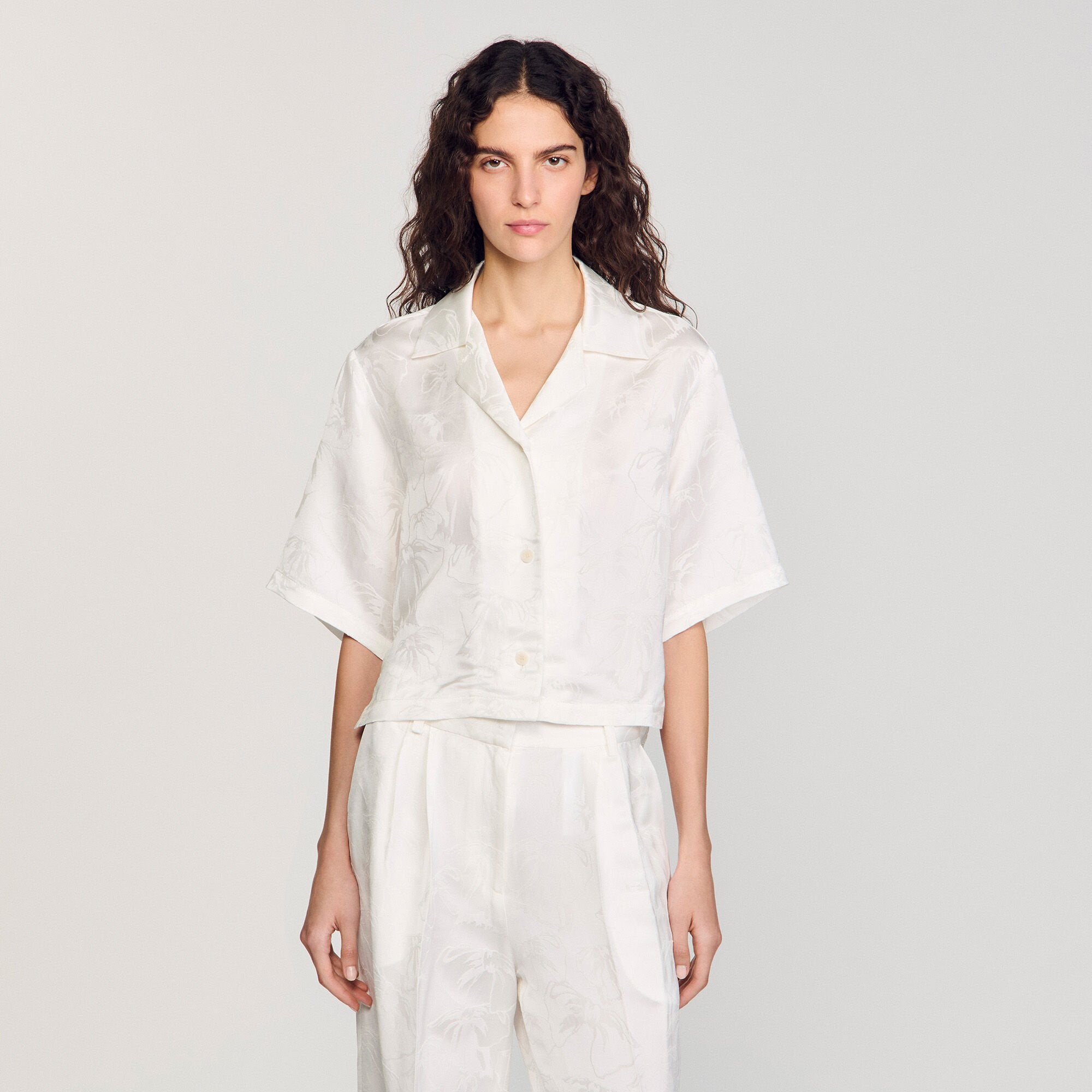 Sandro / Cropped shirt with jacquard flowers White