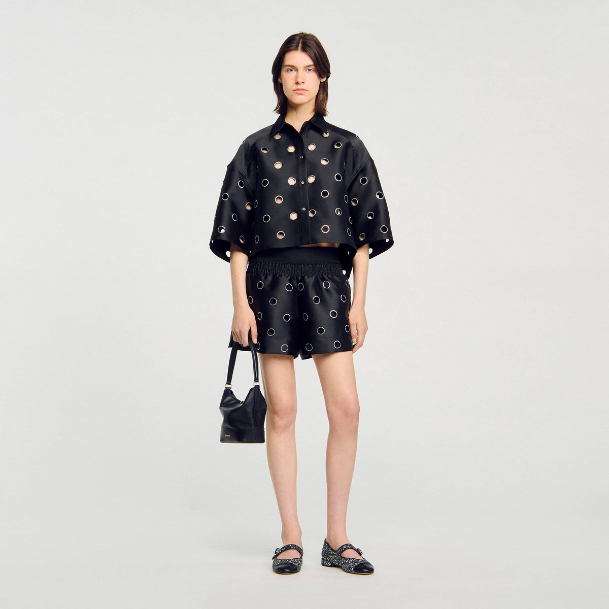 Sandro / Oversized shirt with rhinestones holes Black