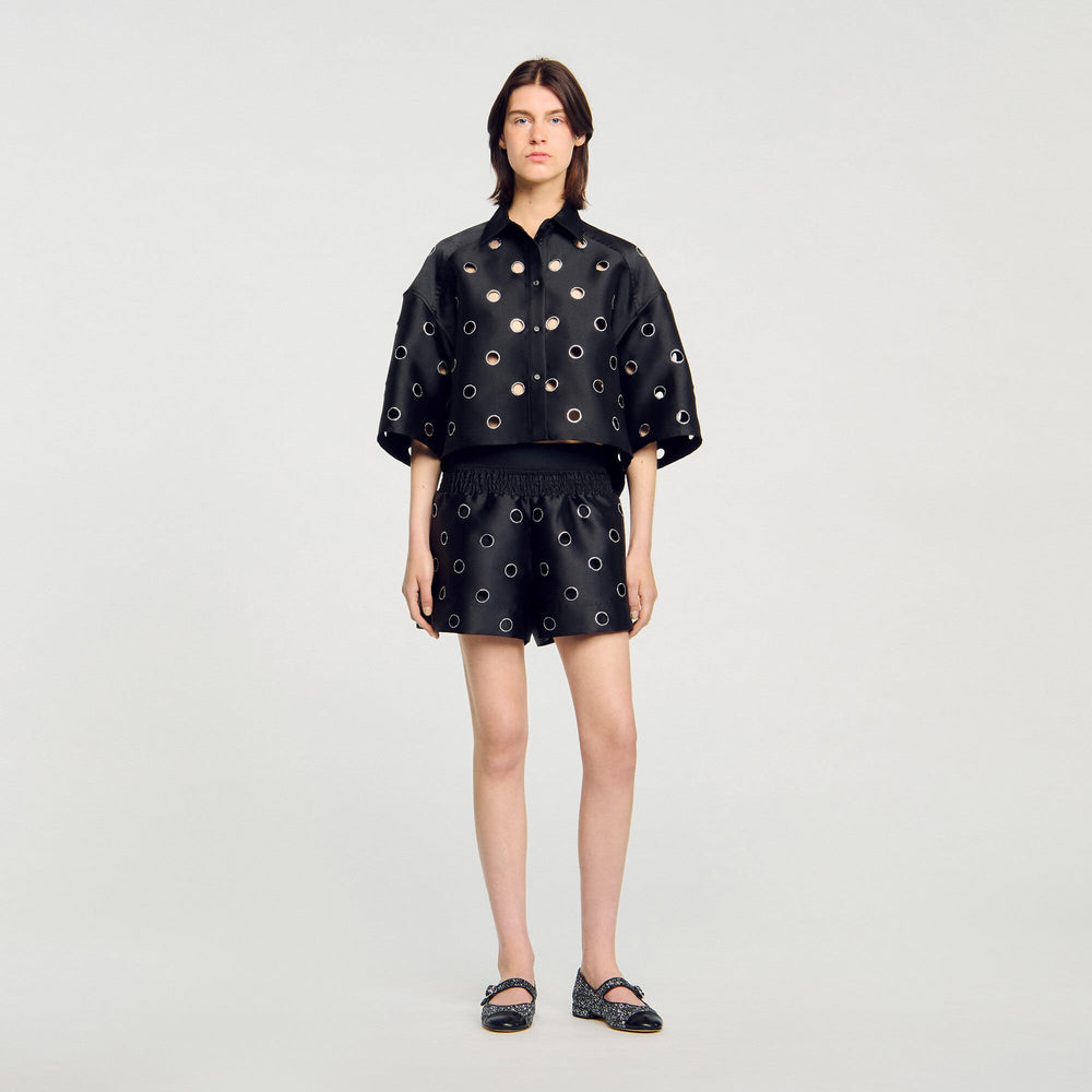 Sandro / Oversized shirt with rhinestones holes Black