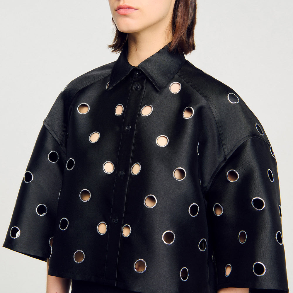 Sandro / Oversized shirt with rhinestones holes Black