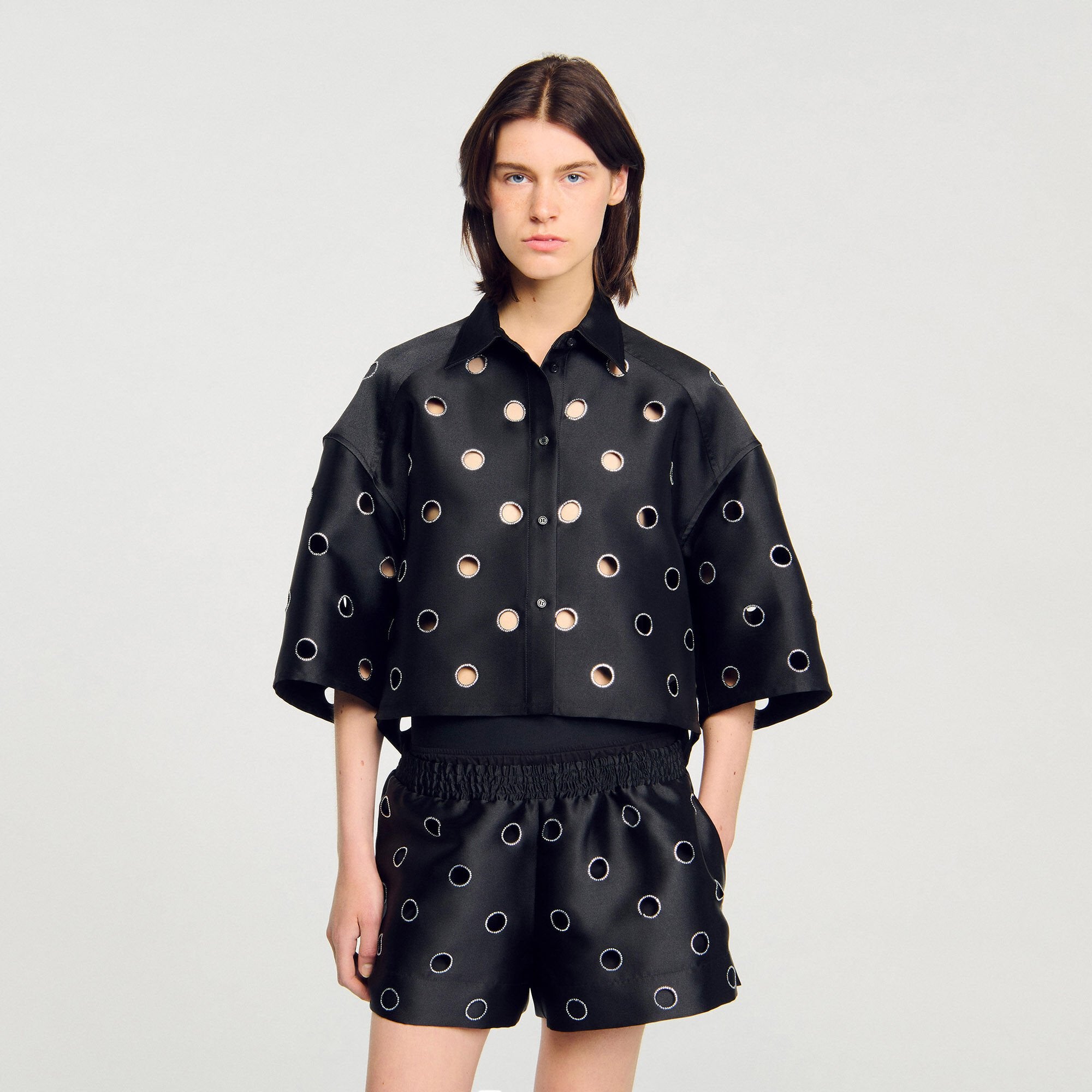 Sandro / Oversized shirt with rhinestones holes Black