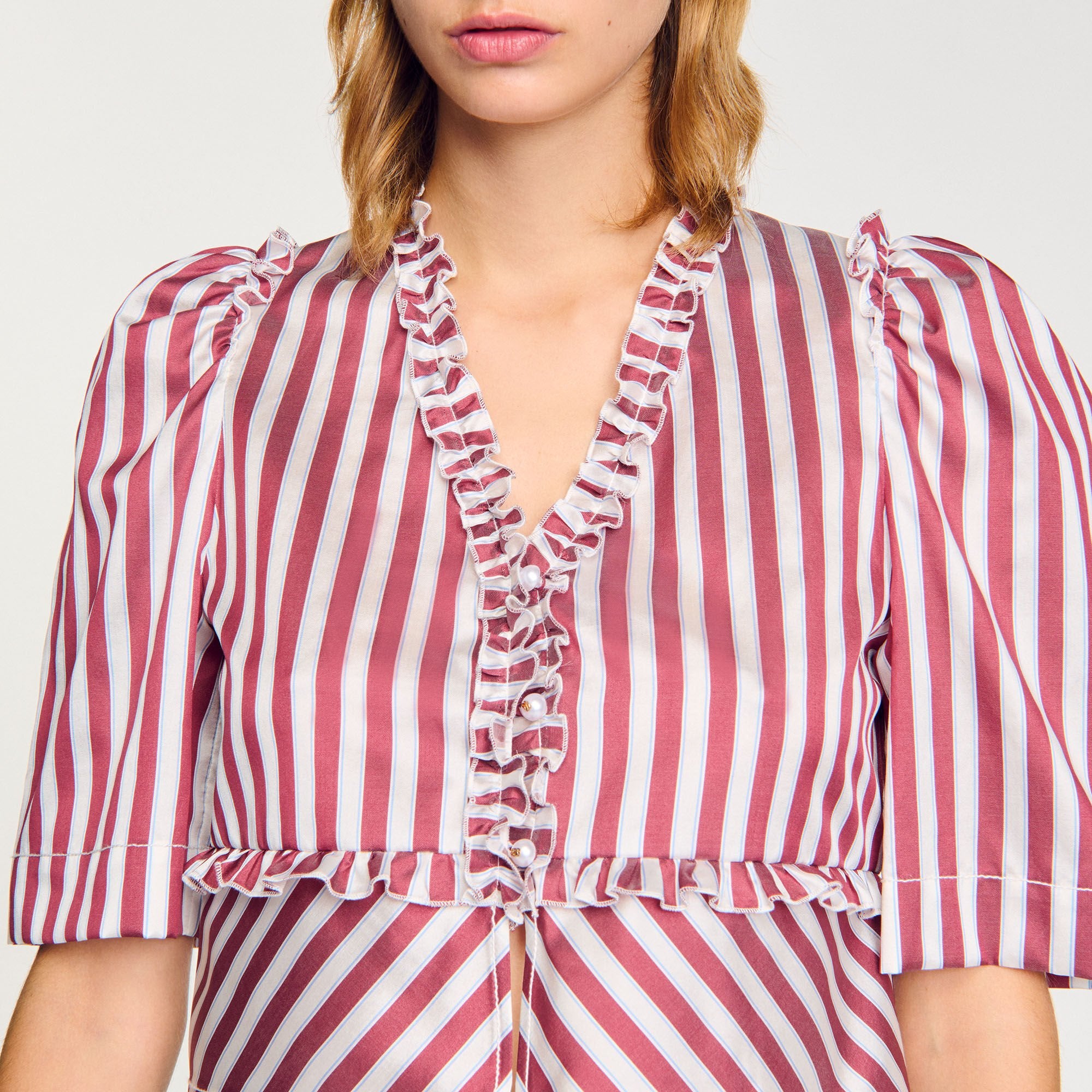 Sandro / Ruffled striped shirt Burgundy / White
