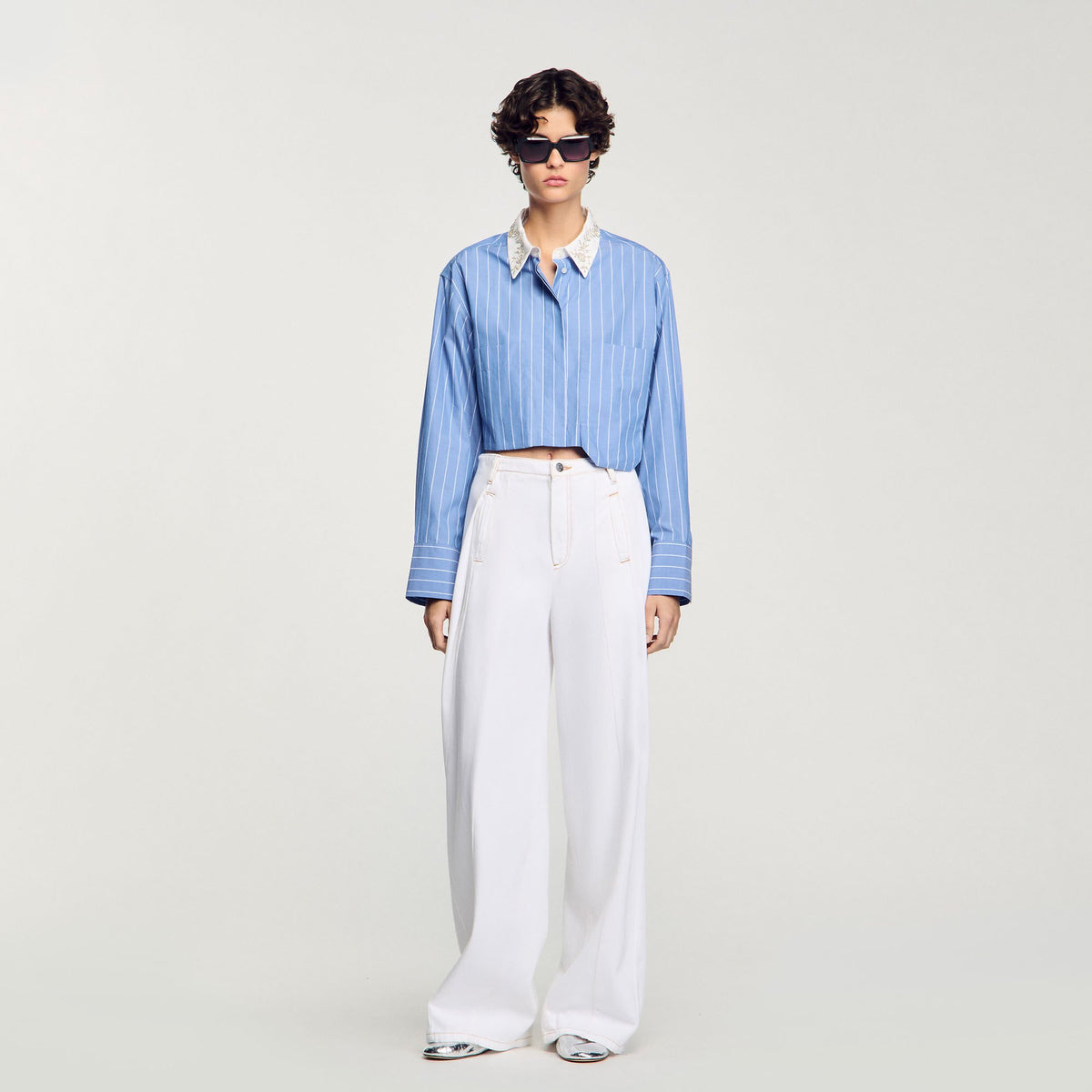 Sandro / Striped cropped shirt with rhinestone Sky Blue