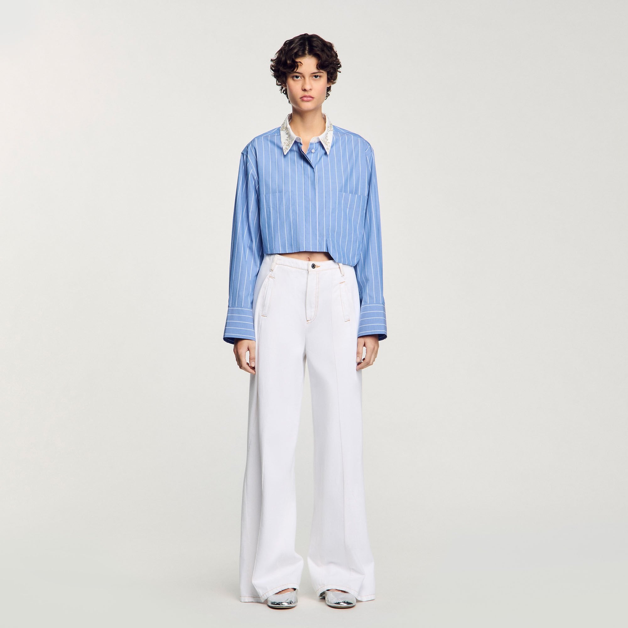 Sandro / Striped cropped shirt with rhinestone Sky Blue