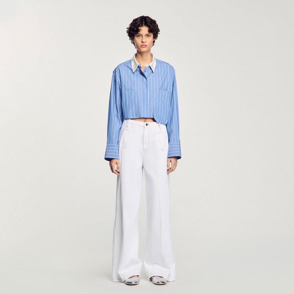 Sandro / Striped cropped shirt with rhinestone Sky Blue