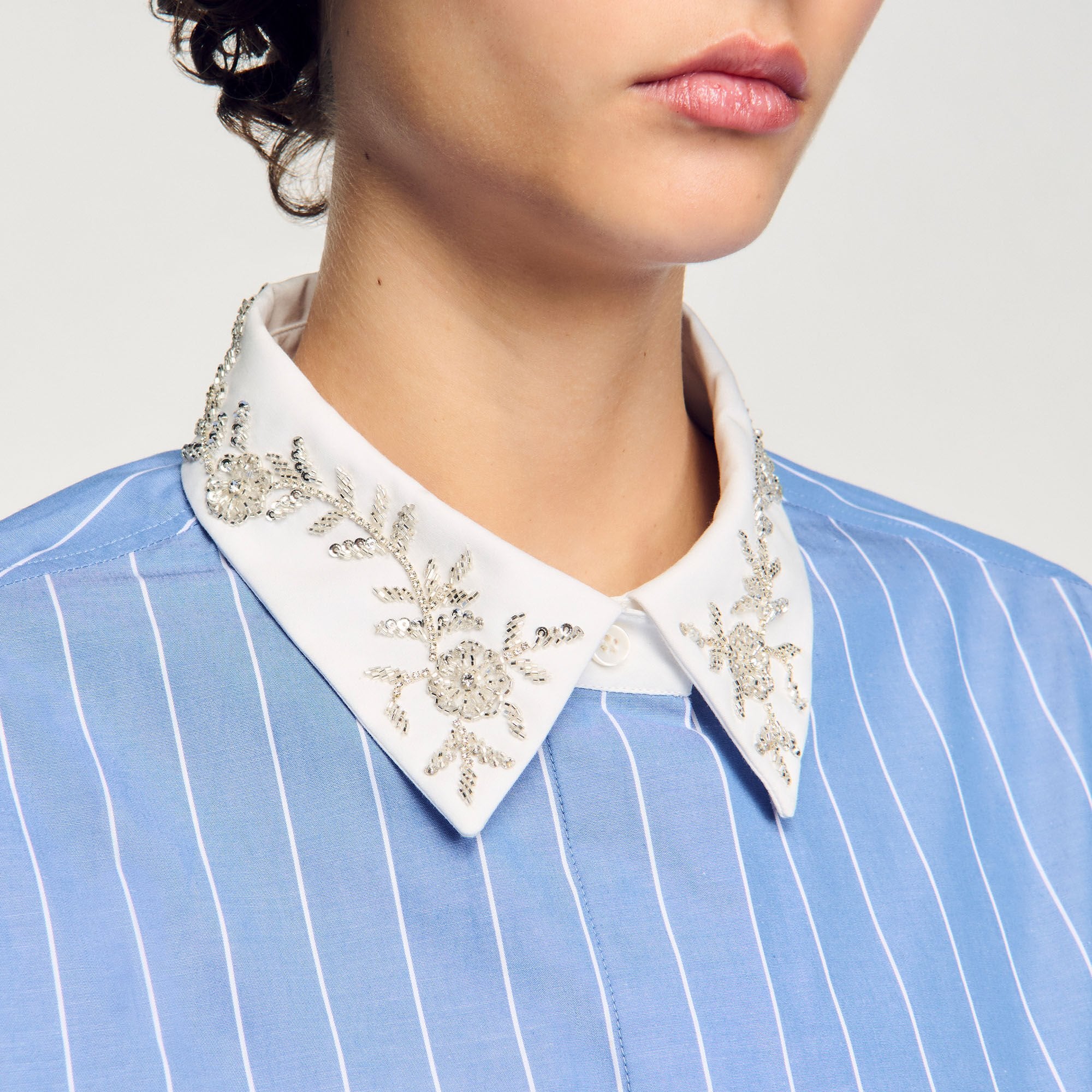 Sandro / Striped cropped shirt with rhinestone Sky Blue