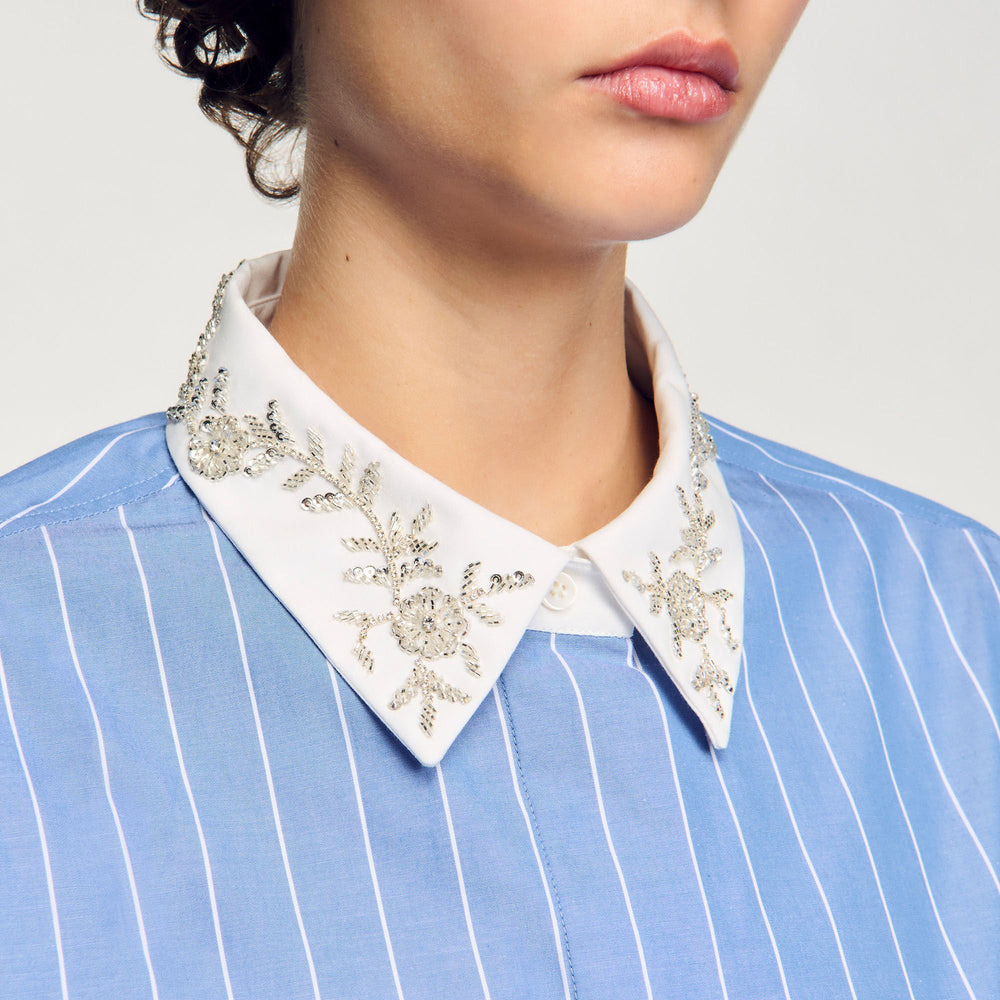 Sandro / Striped cropped shirt with rhinestone Sky Blue