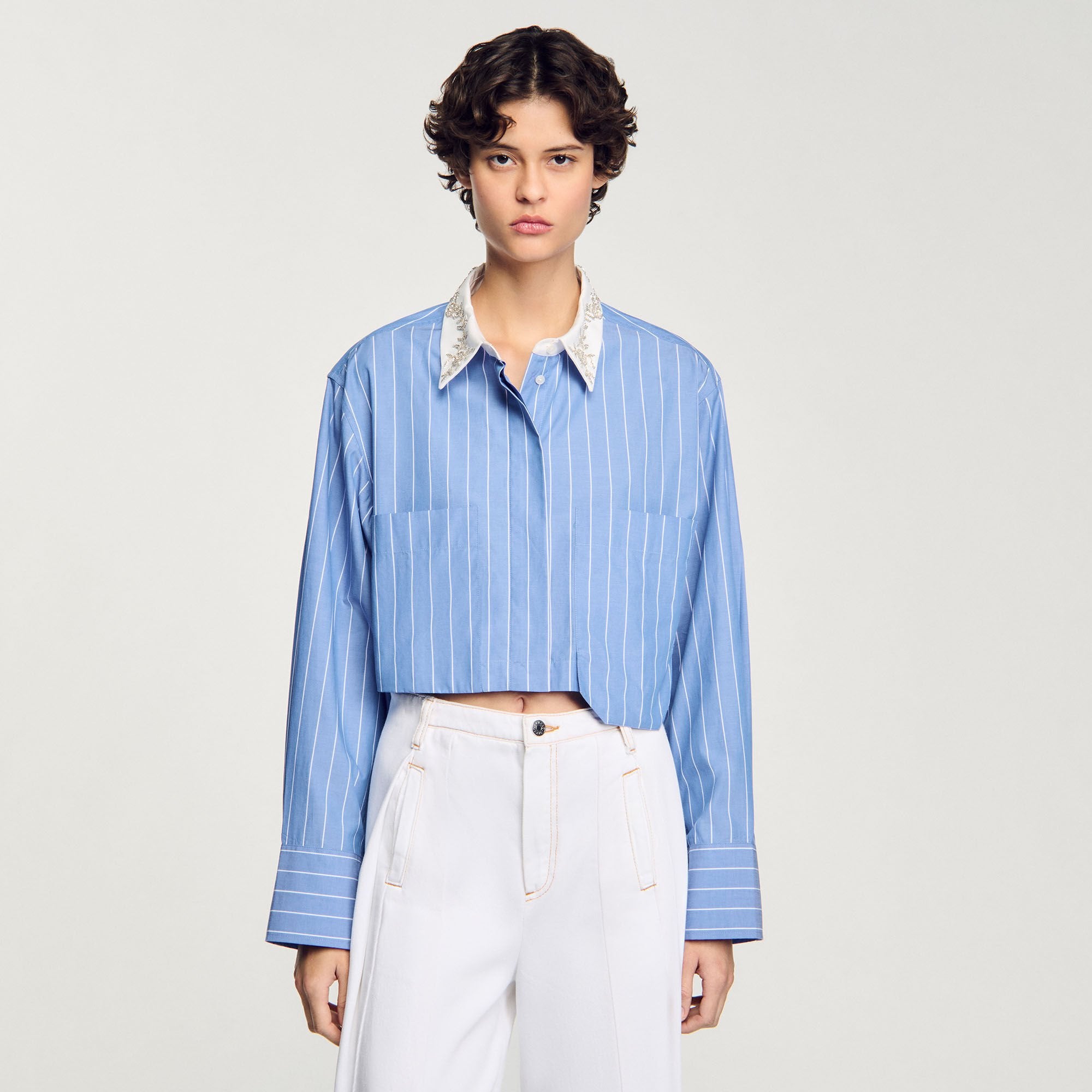 Sandro / Striped cropped shirt with rhinestone Sky Blue