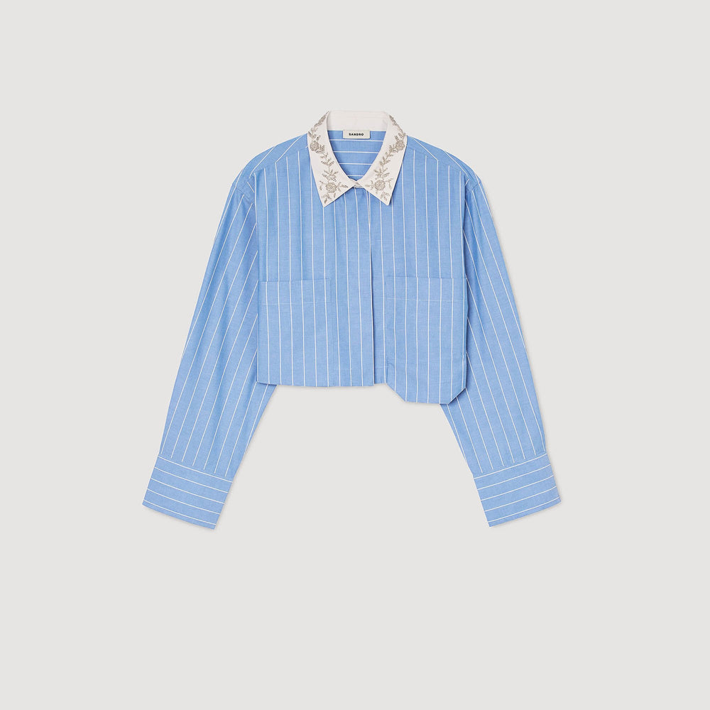 Sandro / Striped cropped shirt with rhinestone Sky Blue
