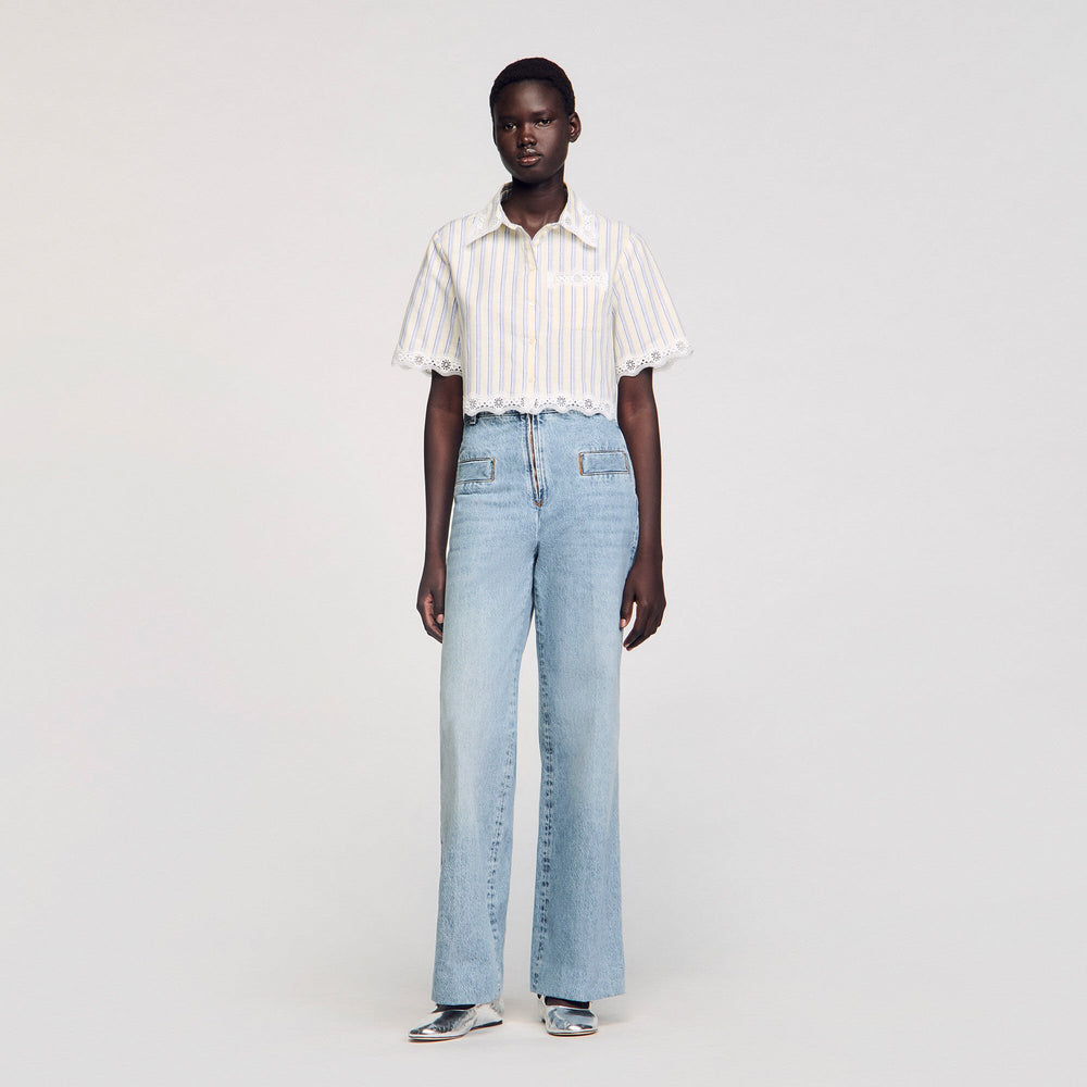 Sandro / Striped cropped shirt with lace trim Ecru / Jean