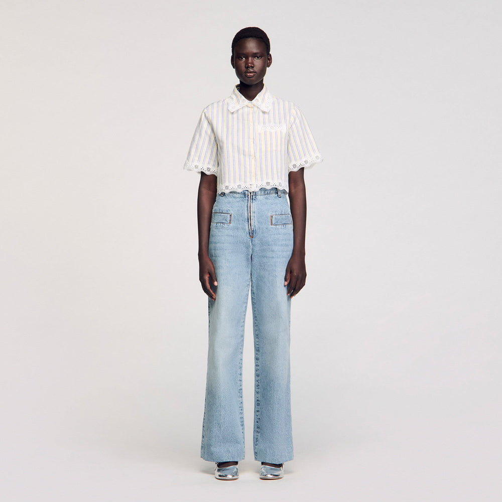 Sandro / Striped cropped shirt with lace trim Ecru / Jean
