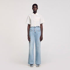 Sandro / Striped cropped shirt with lace trim Ecru / Jean