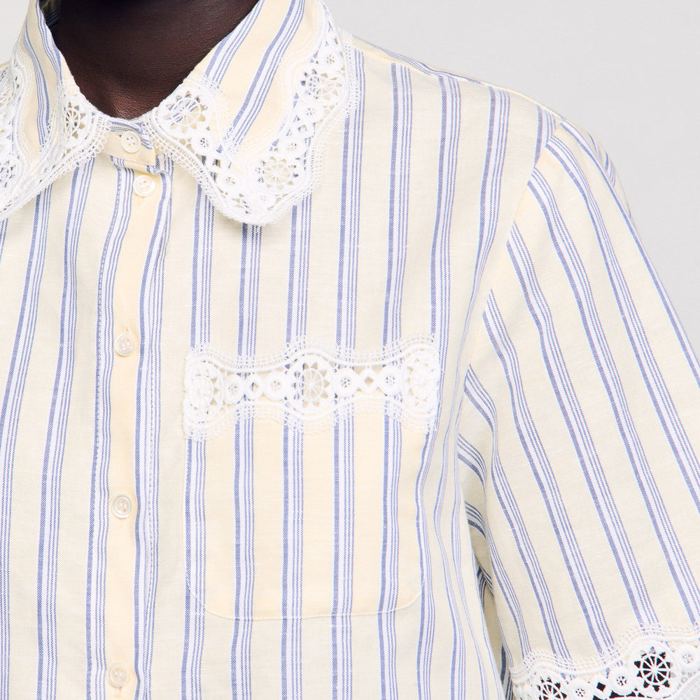 Sandro / Striped cropped shirt with lace trim Ecru / Jean