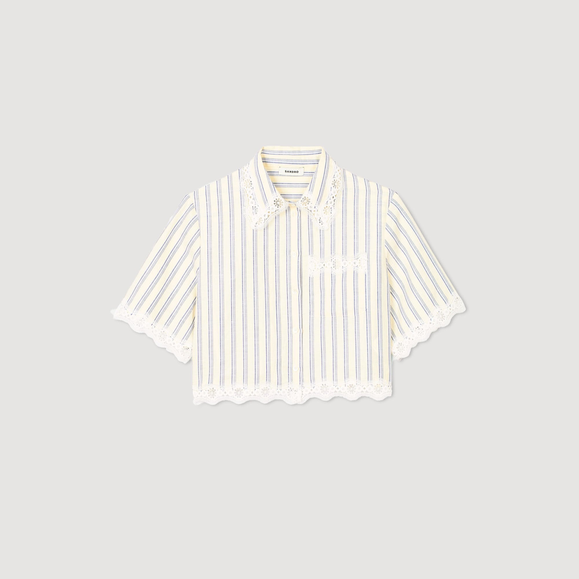 Sandro / Striped cropped shirt with lace trim Ecru / Jean