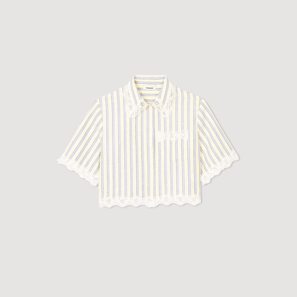 Sandro / Striped cropped shirt with lace trim Ecru / Jean