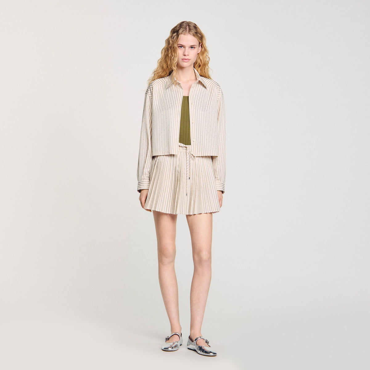 Sandro / Striped rhinestone shirt Khaki / Pink