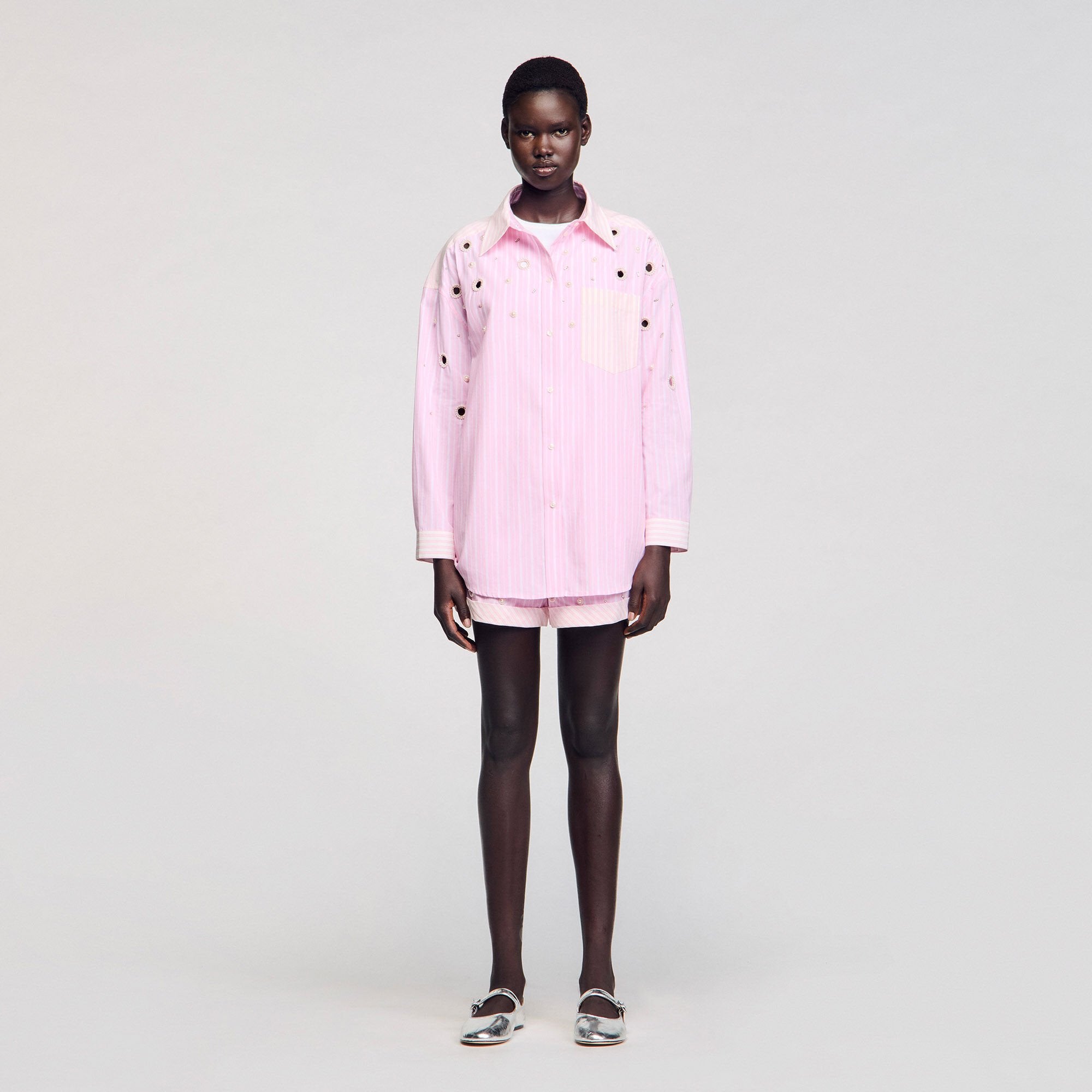 Sandro / Striped rhinestone shirt Pink