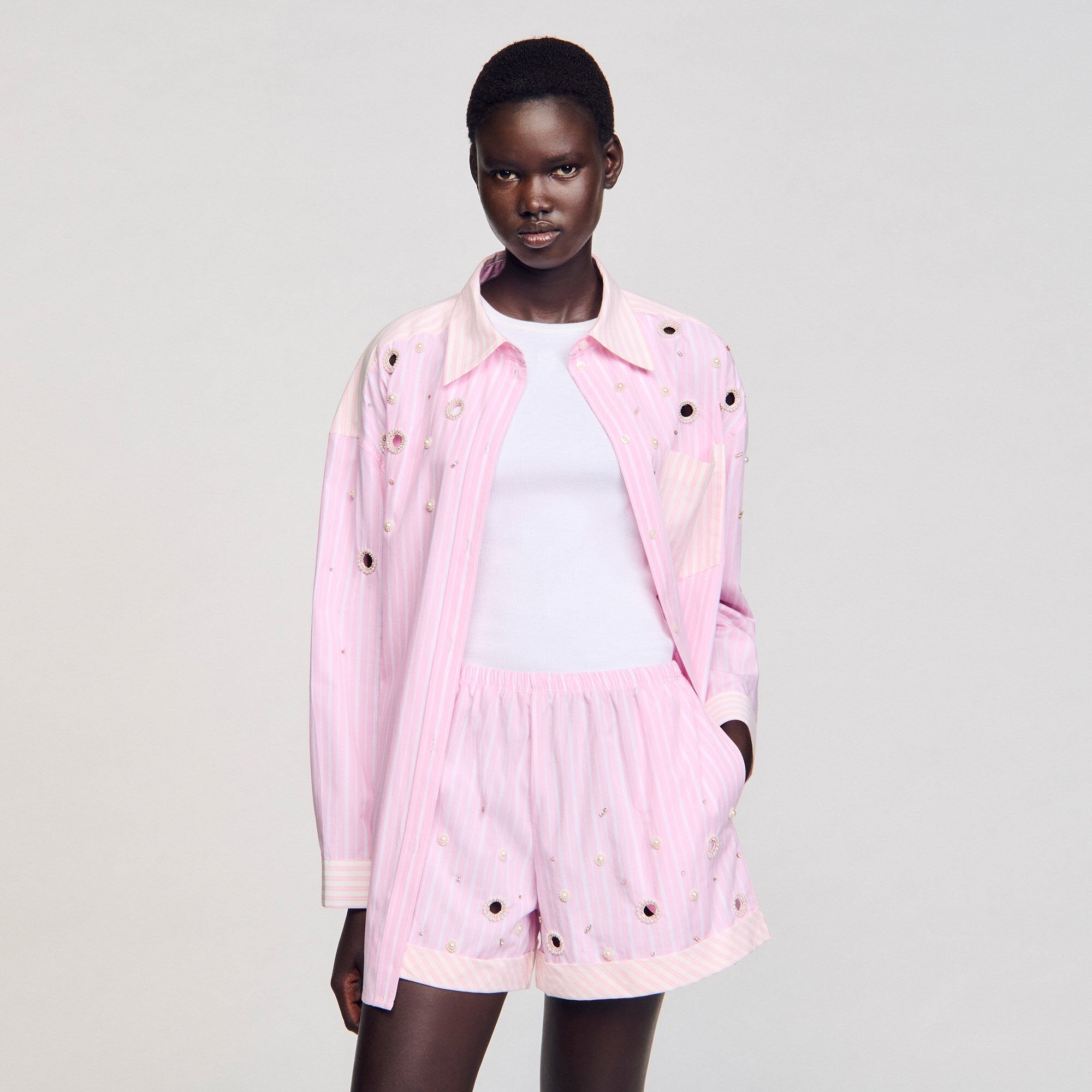 Sandro / Striped rhinestone shirt Pink