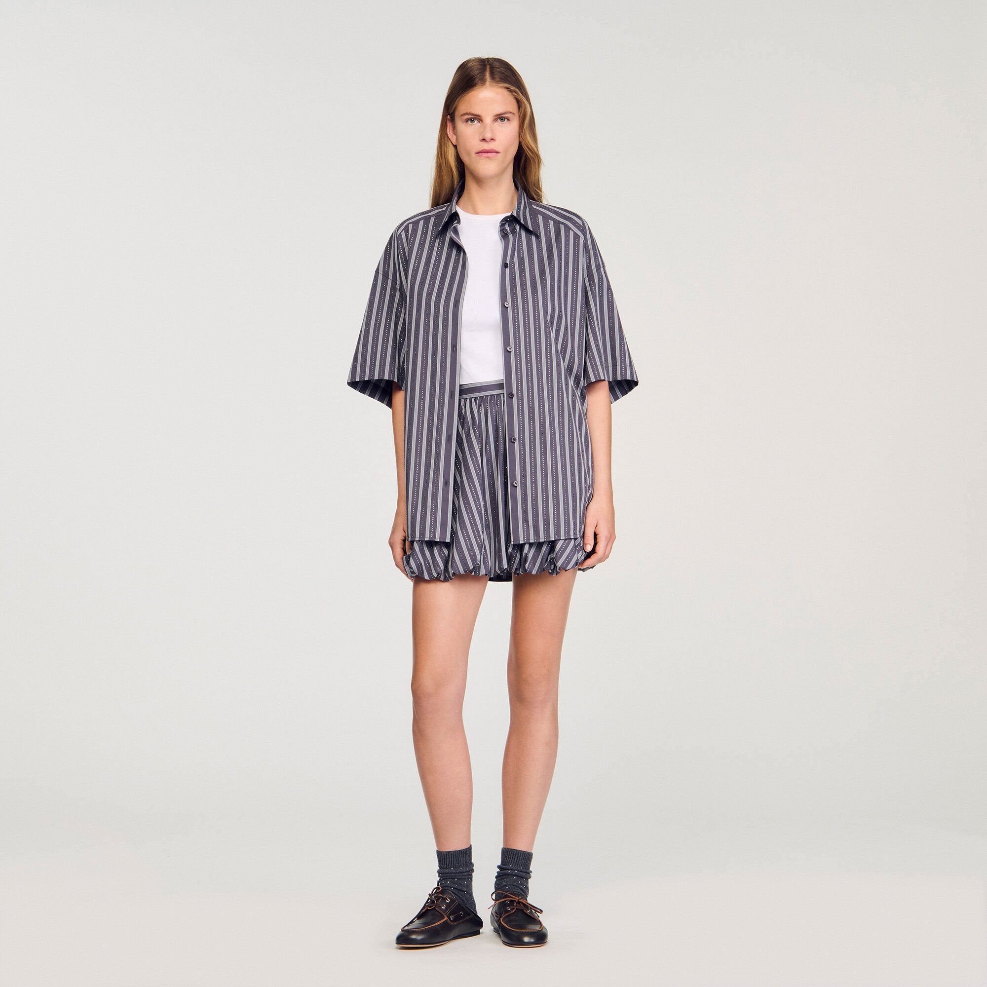 Sandro / Oversized striped rhinestone shirt Grey
