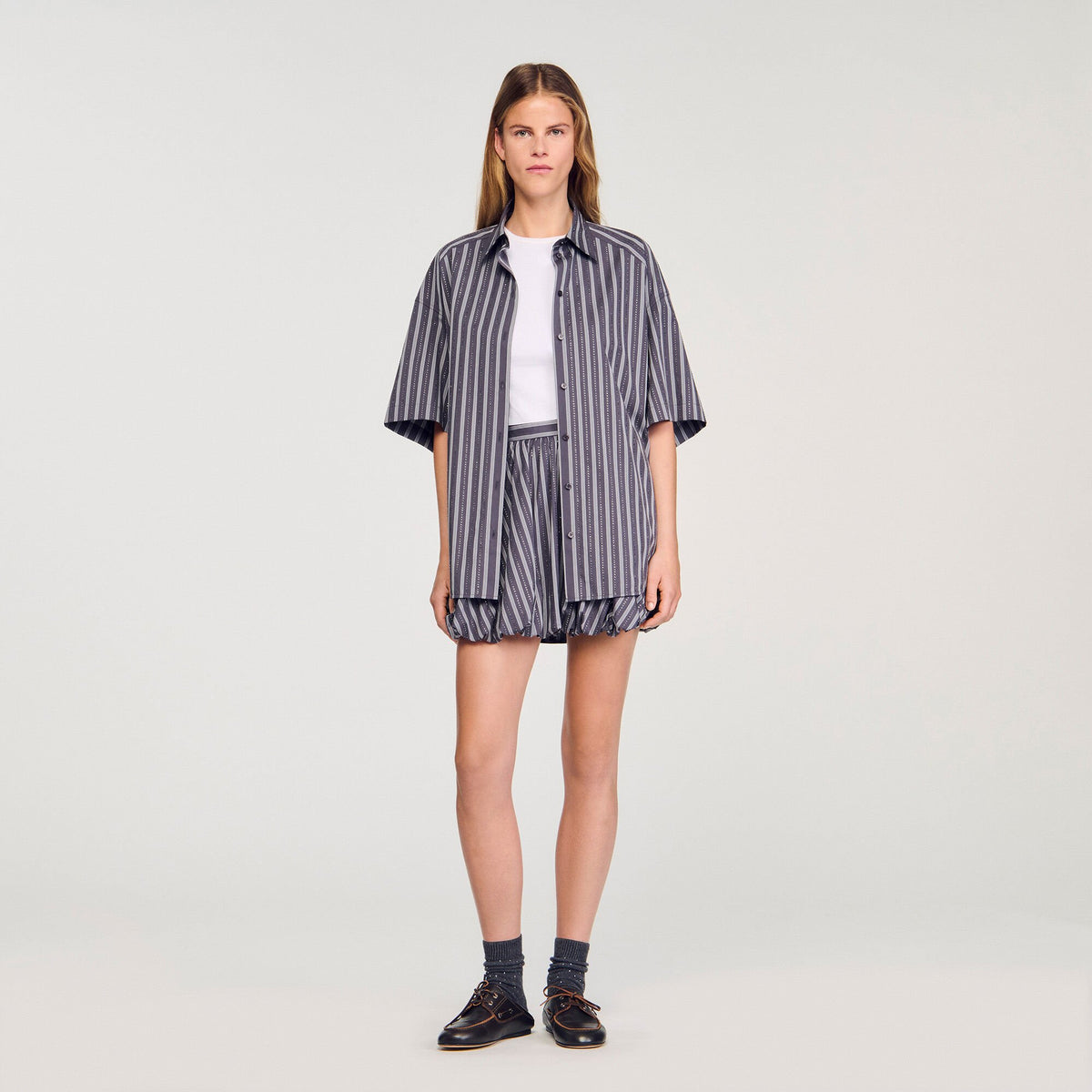 Sandro / Oversized striped rhinestone shirt Grey
