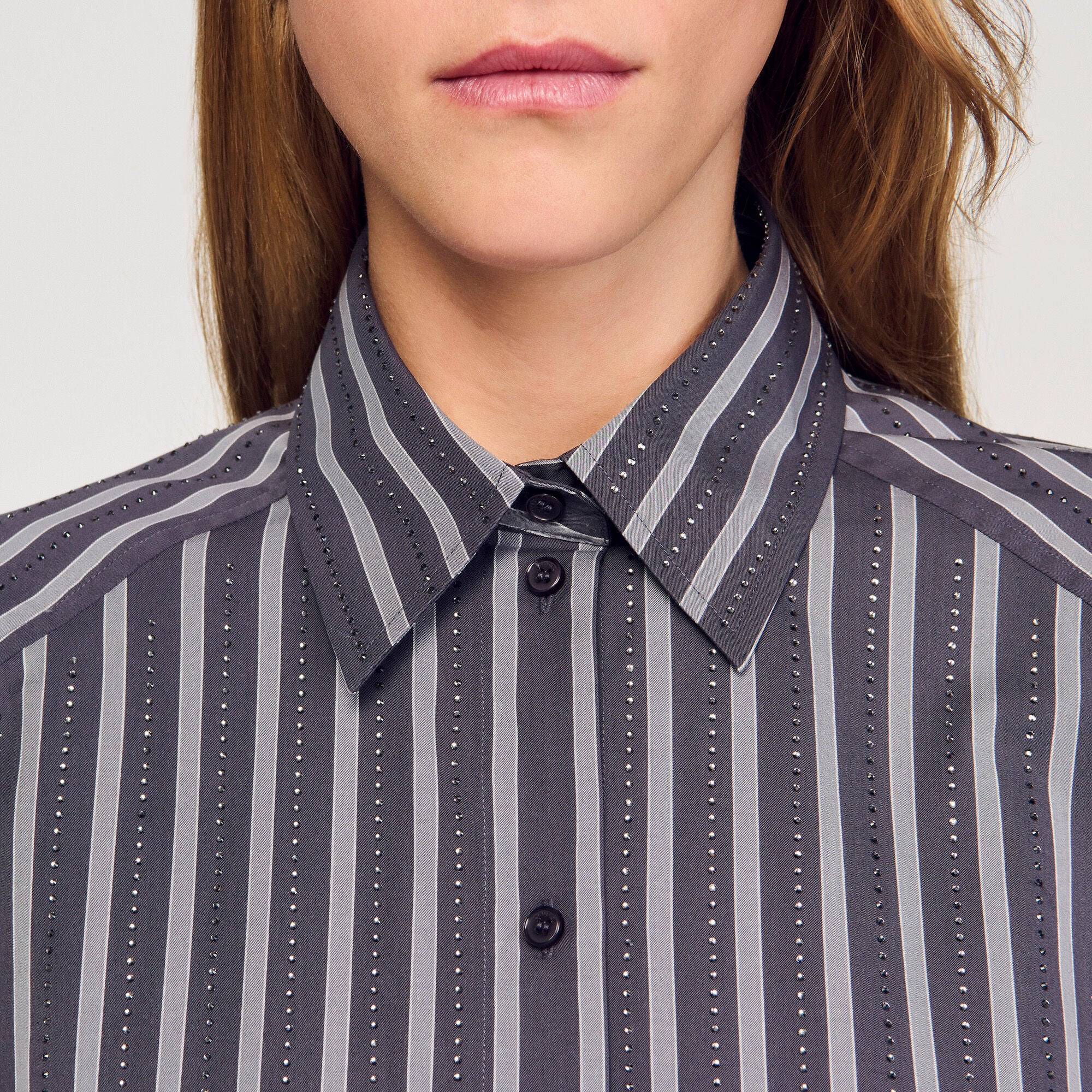 Sandro / Oversized striped rhinestone shirt Grey
