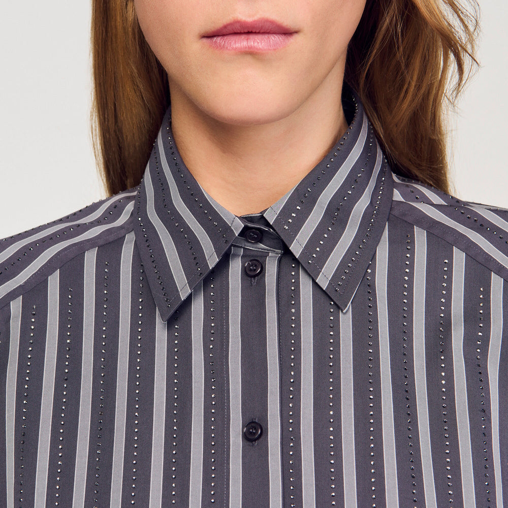 Sandro / Oversized striped rhinestone shirt Grey
