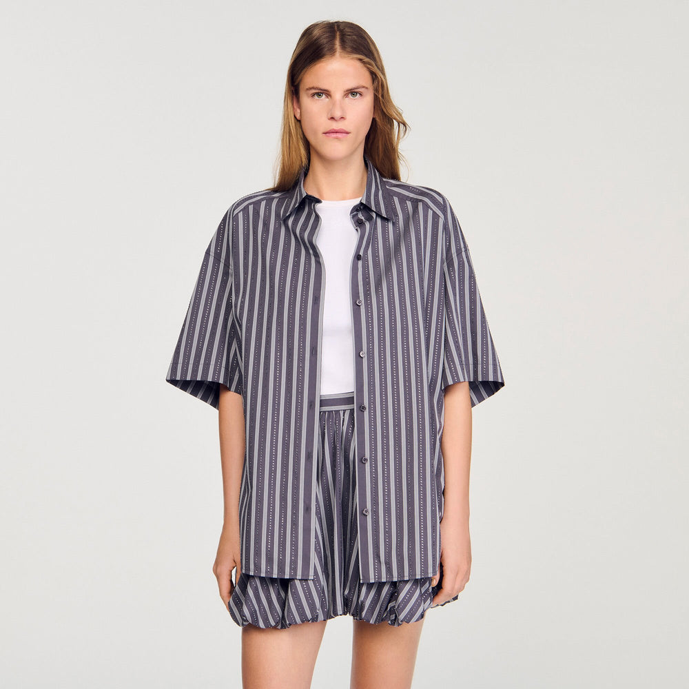 Sandro / Oversized striped rhinestone shirt Grey