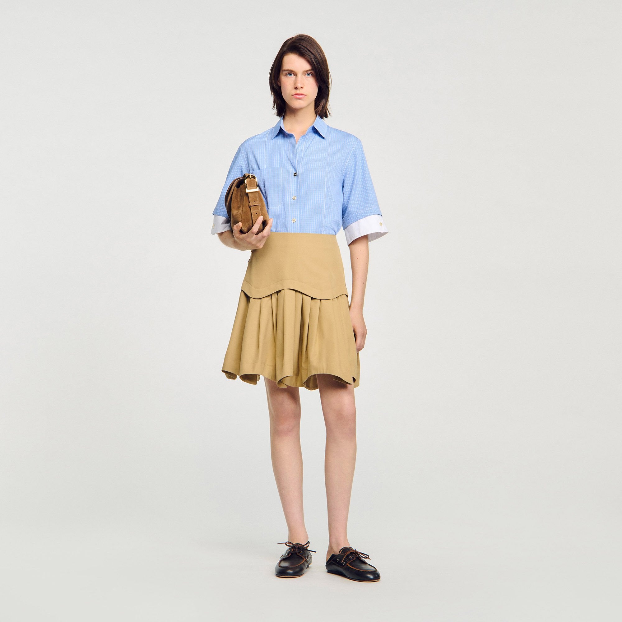 Sandro / Cropped small-check shirt Ciel / Blanc