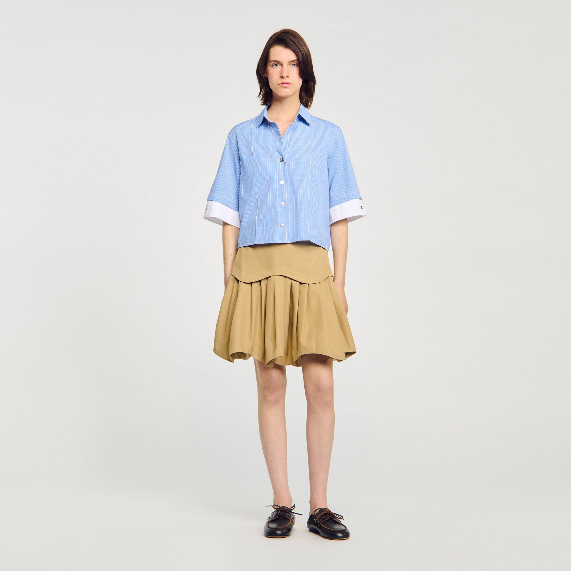 Sandro / Cropped small-check shirt Ciel / Blanc