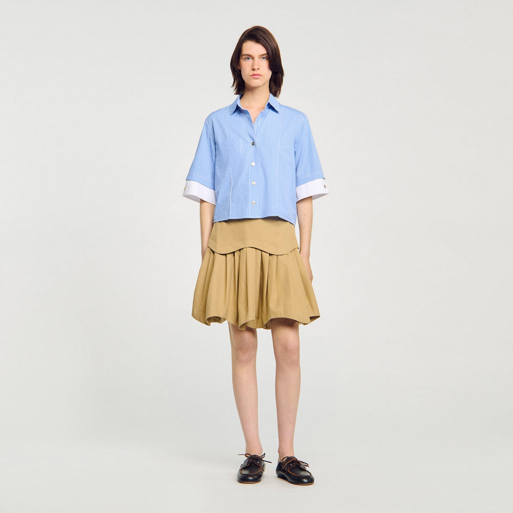 Sandro / Cropped small-check shirt Ciel / Blanc