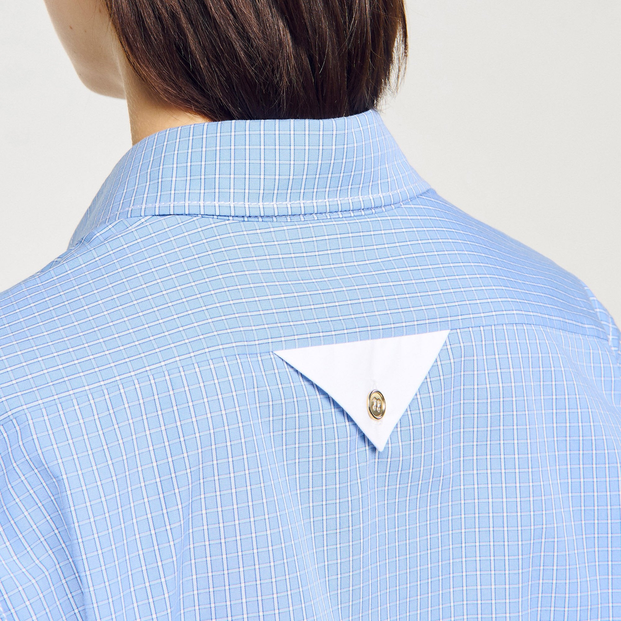 Sandro / Cropped small-check shirt Ciel / Blanc
