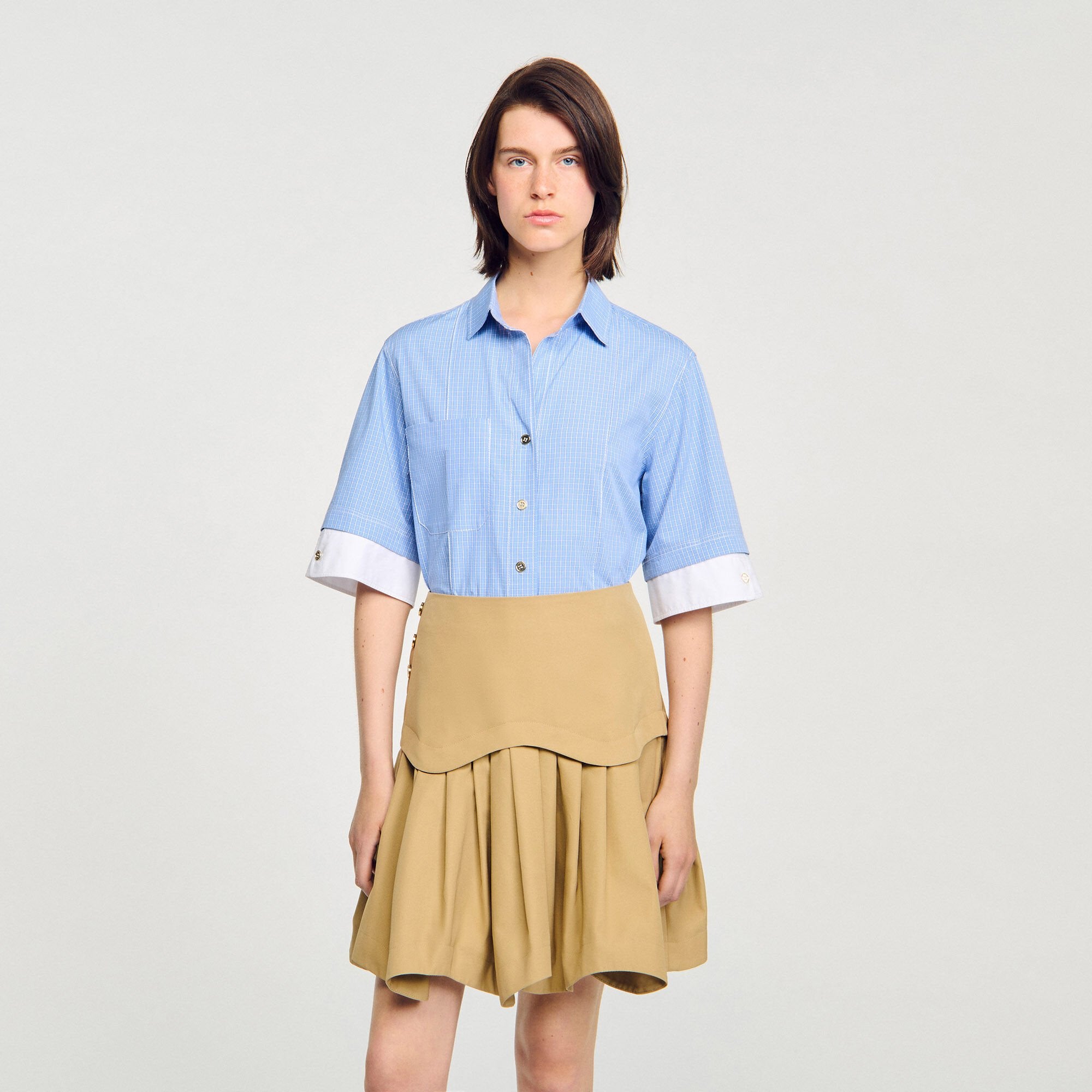 Sandro / Cropped small-check shirt Ciel / Blanc