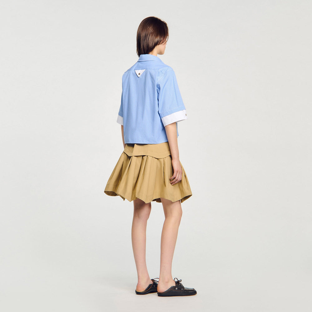 Sandro / Cropped small-check shirt Ciel / Blanc