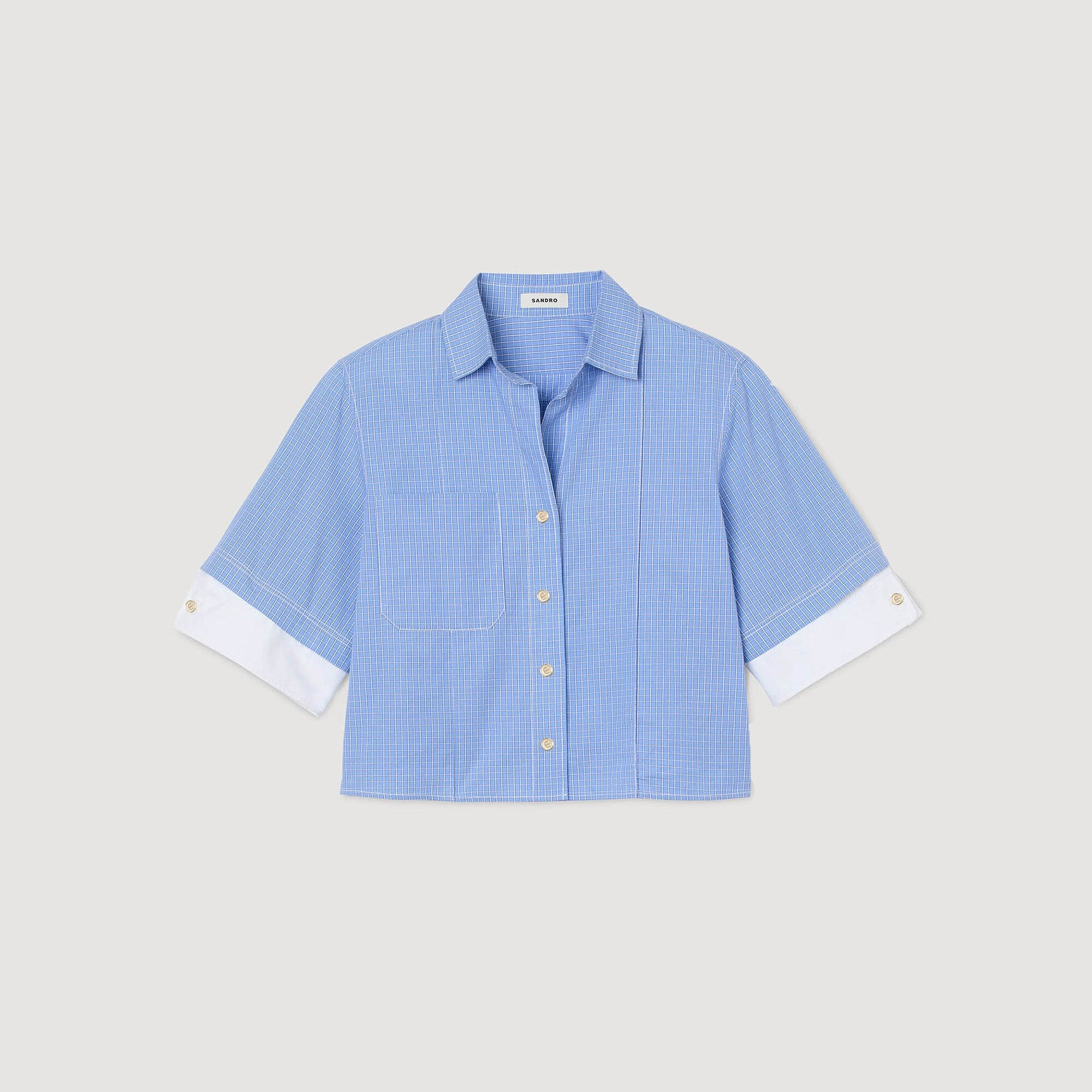 Sandro / Cropped small-check shirt Ciel / Blanc