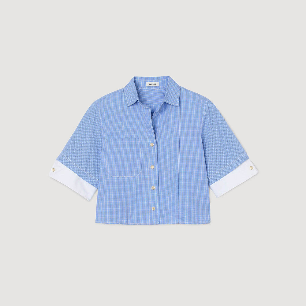 Sandro / Cropped small-check shirt Ciel / Blanc
