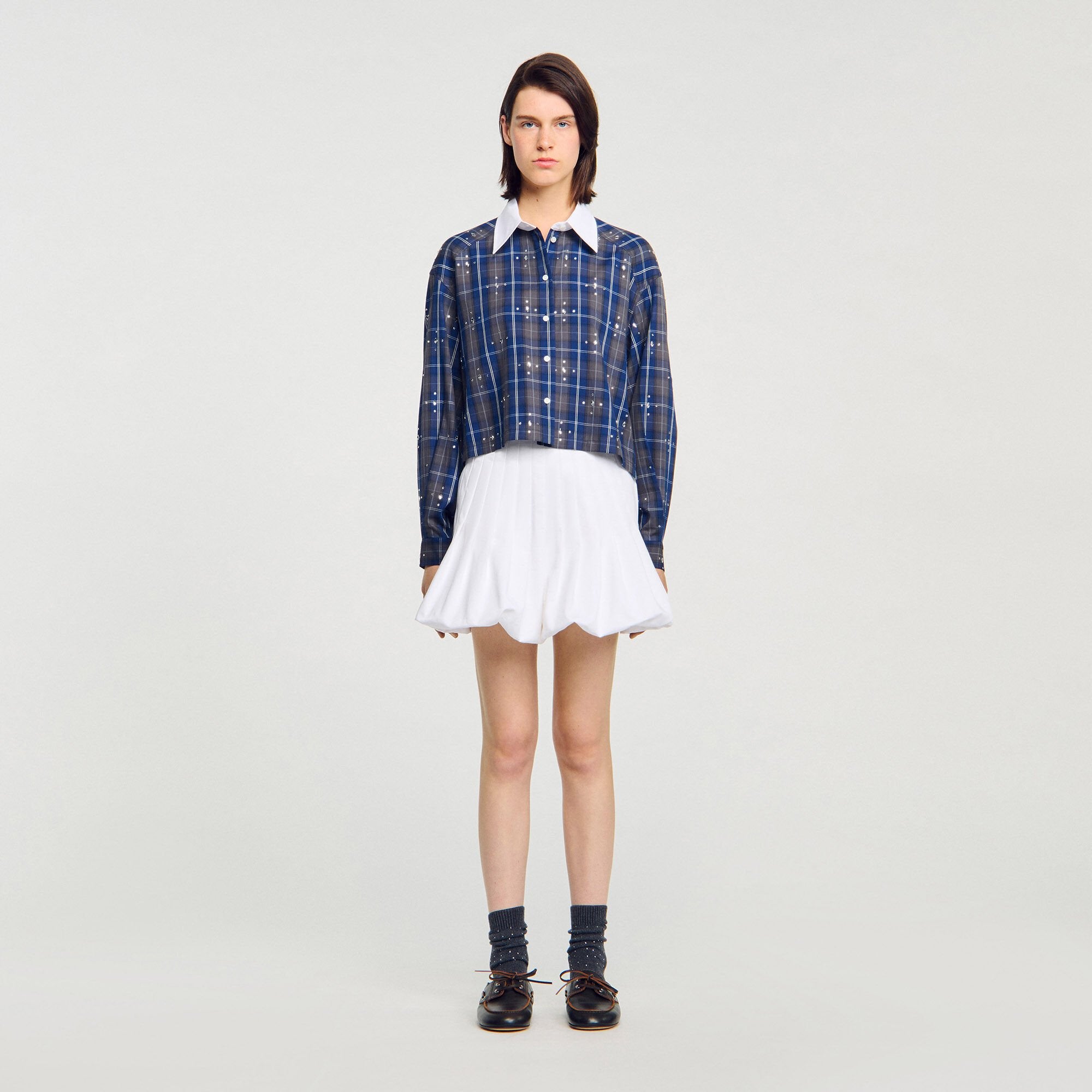 Sandro / Rhinestone checkered collar shirt Blue