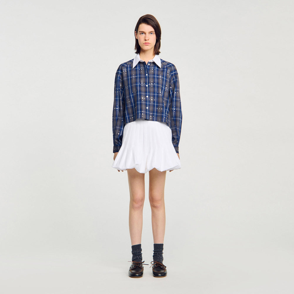 Sandro / Rhinestone checkered collar shirt Blue