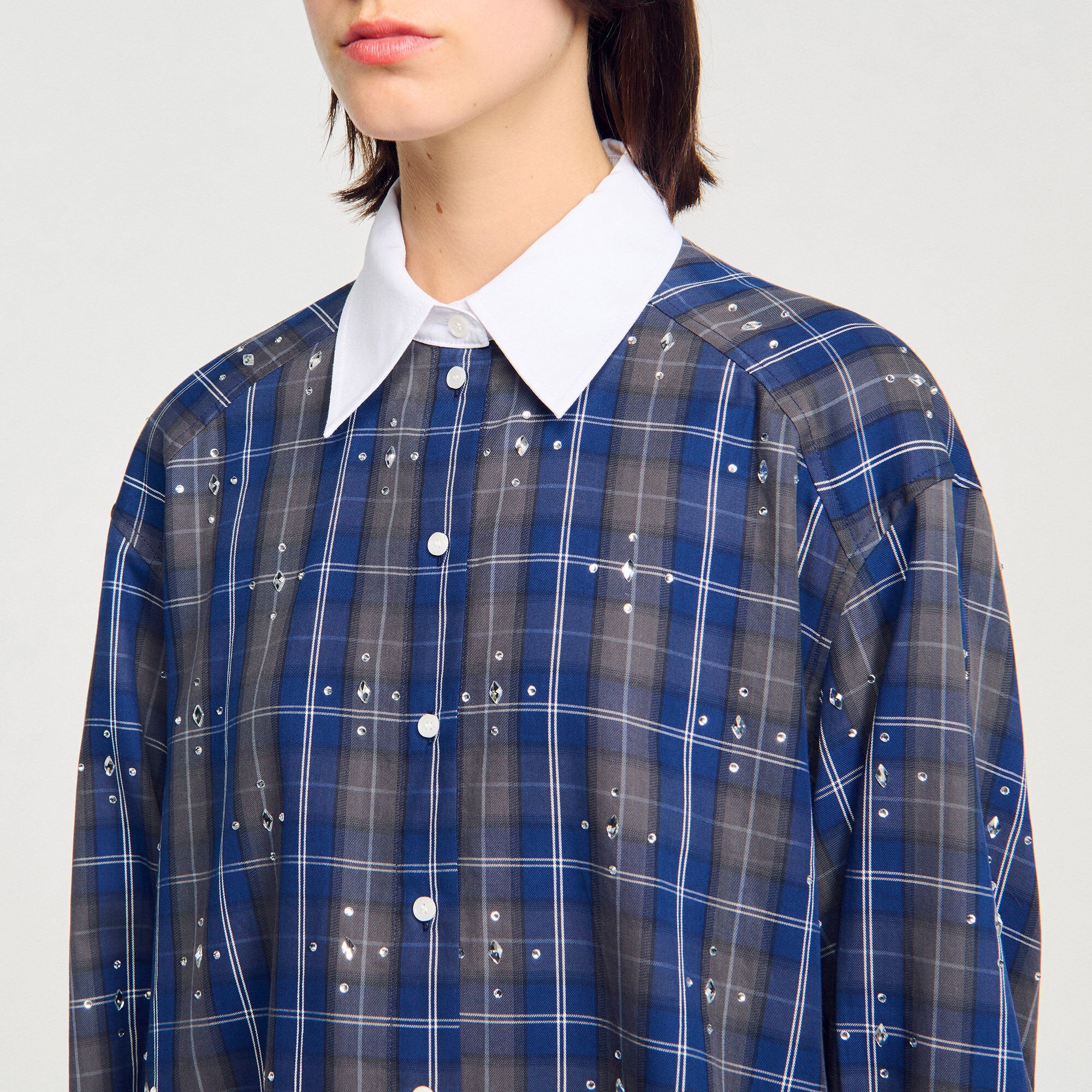 Sandro / Rhinestone checkered collar shirt Blue