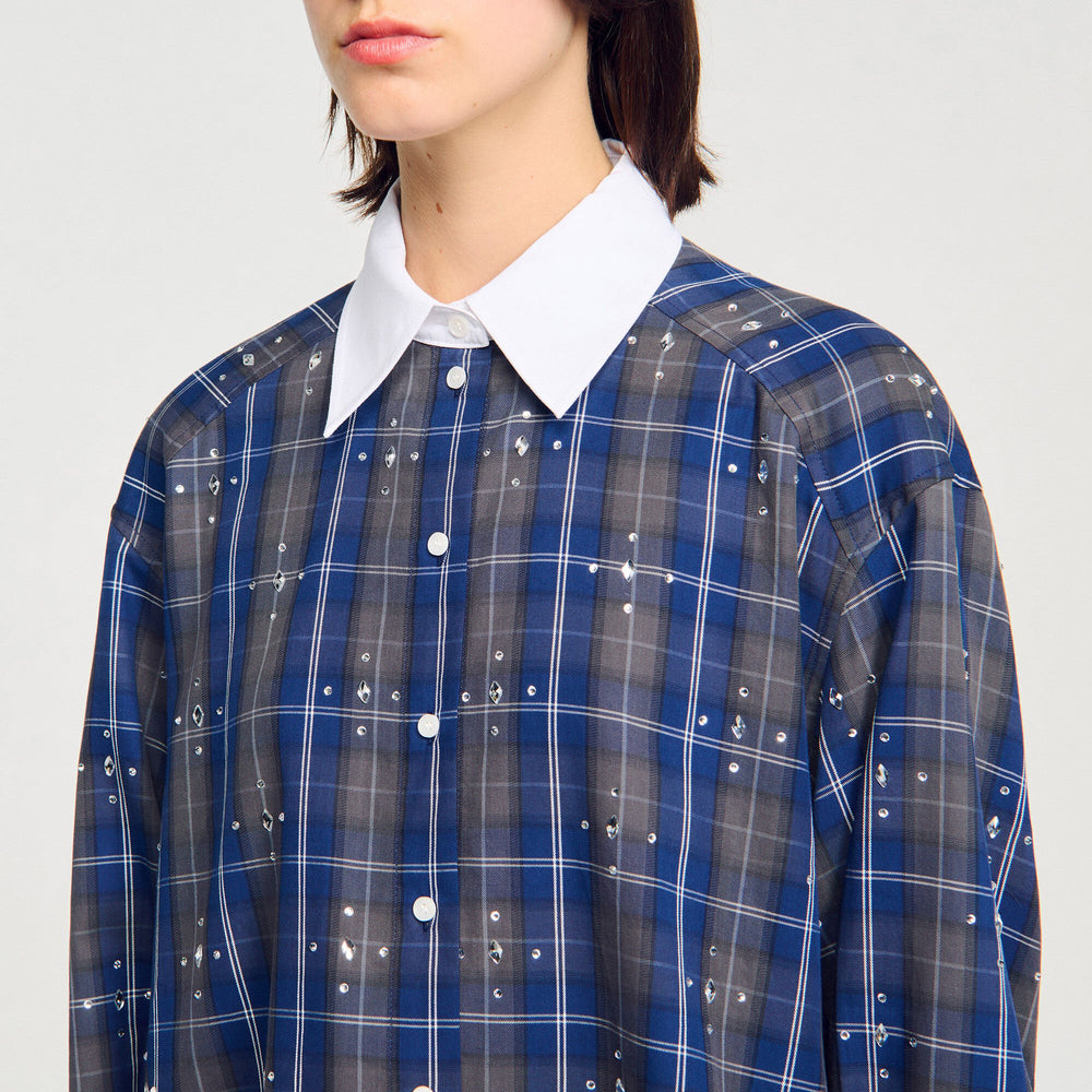 Sandro / Rhinestone checkered collar shirt Blue