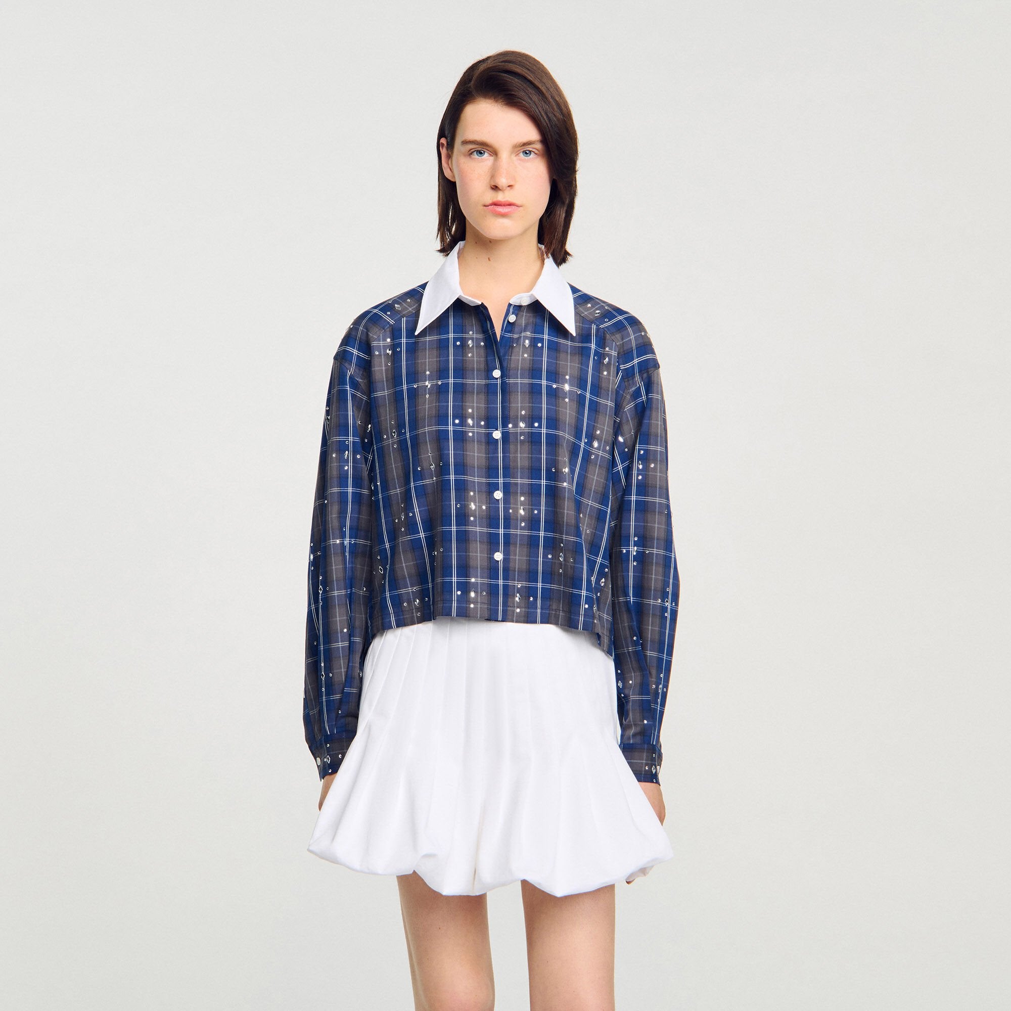 Sandro / Rhinestone checkered collar shirt Blue