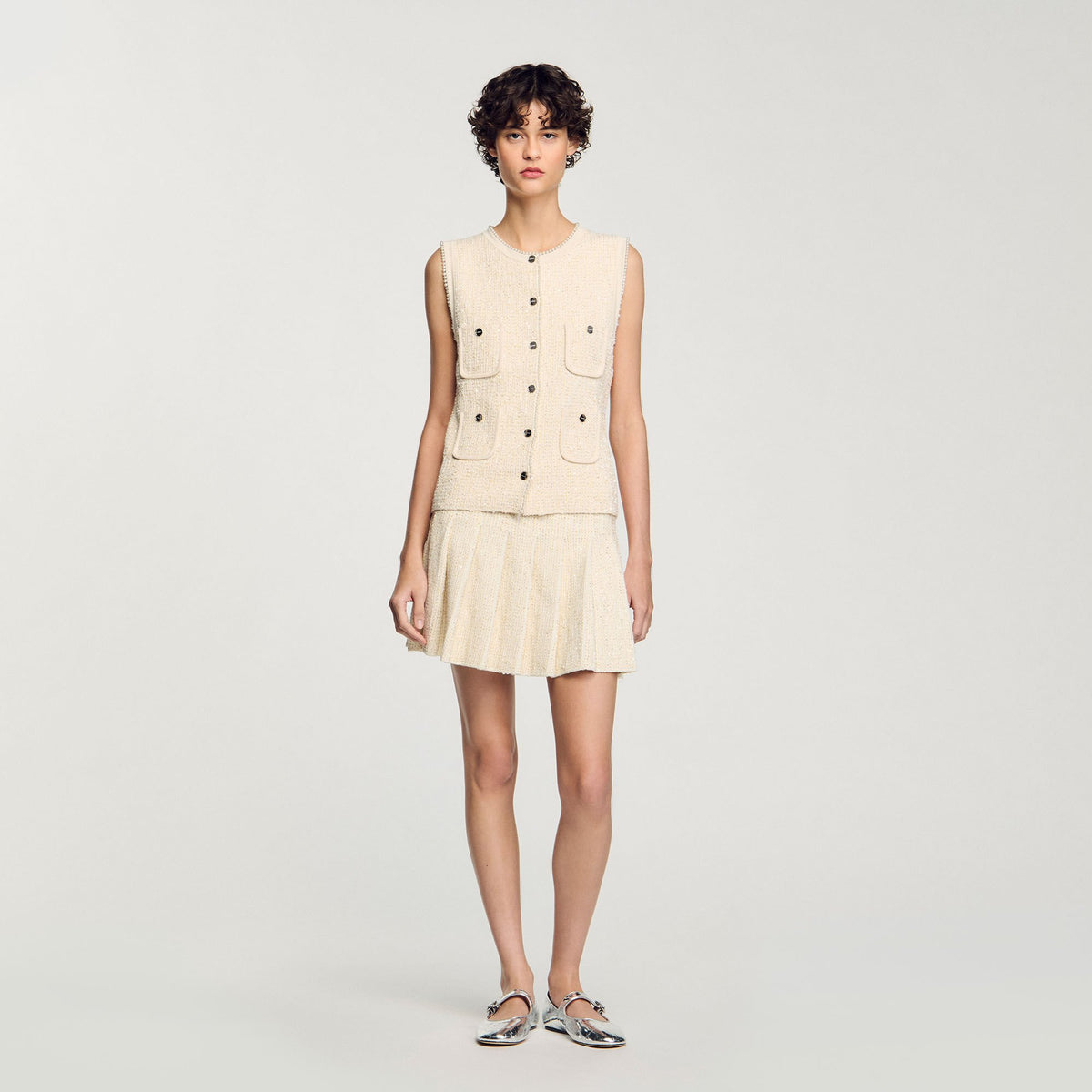 Sandro / Mini tweed pleated skirt Ecru