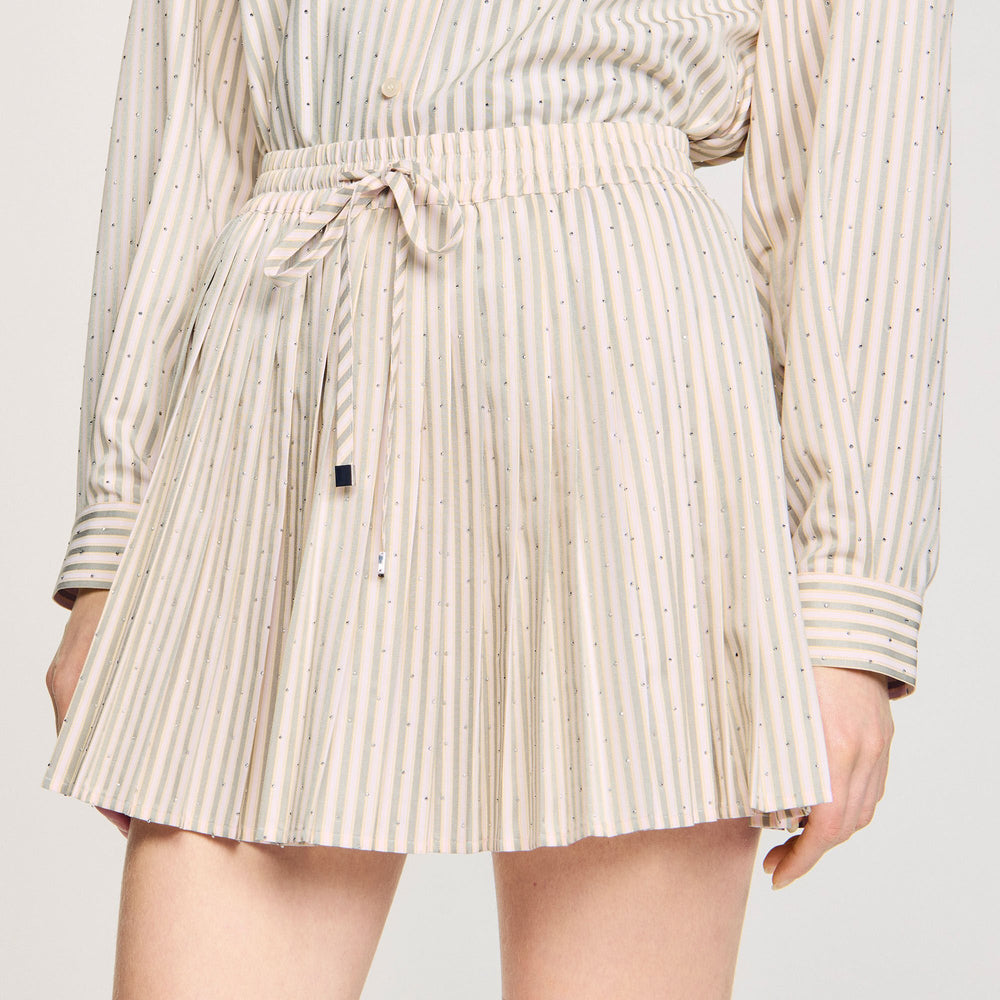 Sandro / Rhinestone striped pleated skirt Khaki / Pink