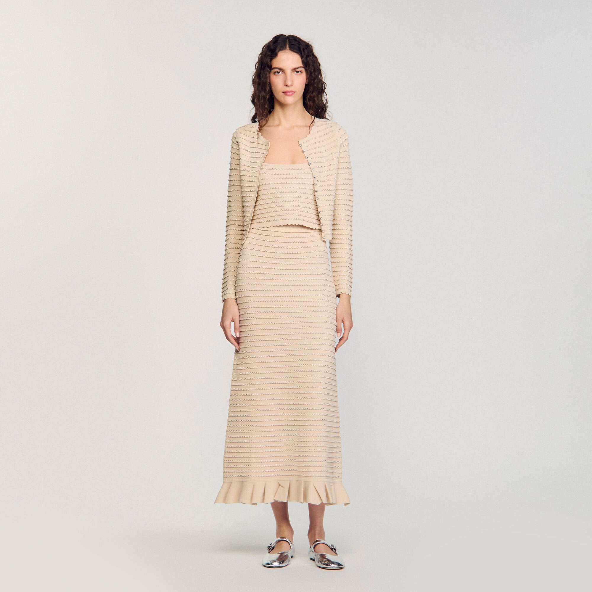 Sandro / Rhinestone knit maxi skirt Beige